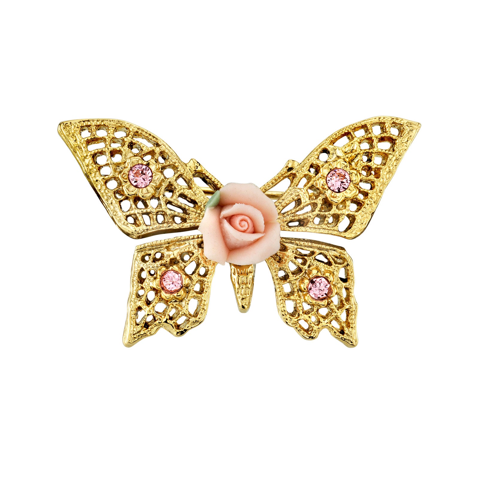 Gold-Tone Pink Crystal And Porcelain Rose Butterfly Brooch