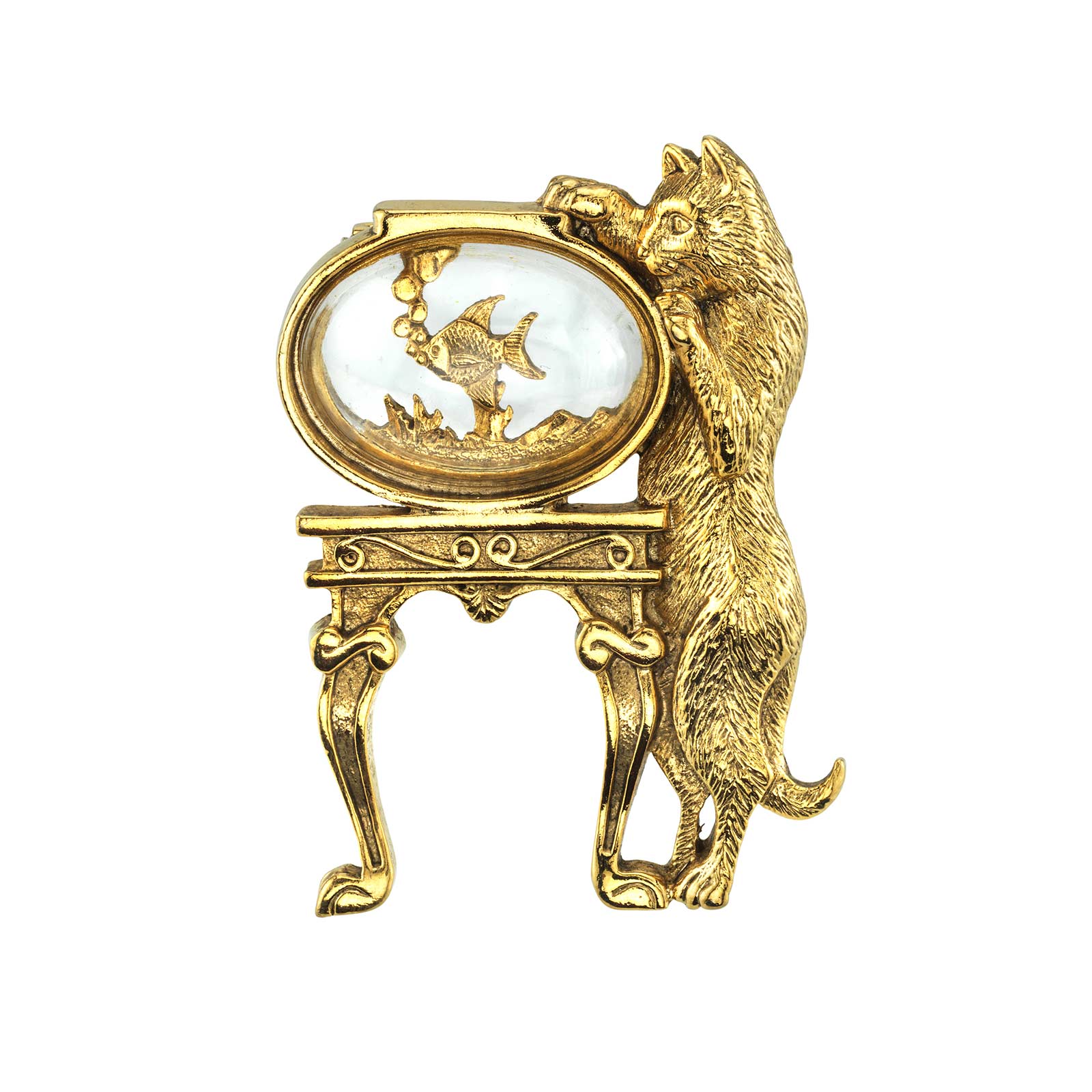 14k Gold-Dipped Crystal Cat And Fish Bowl Pin