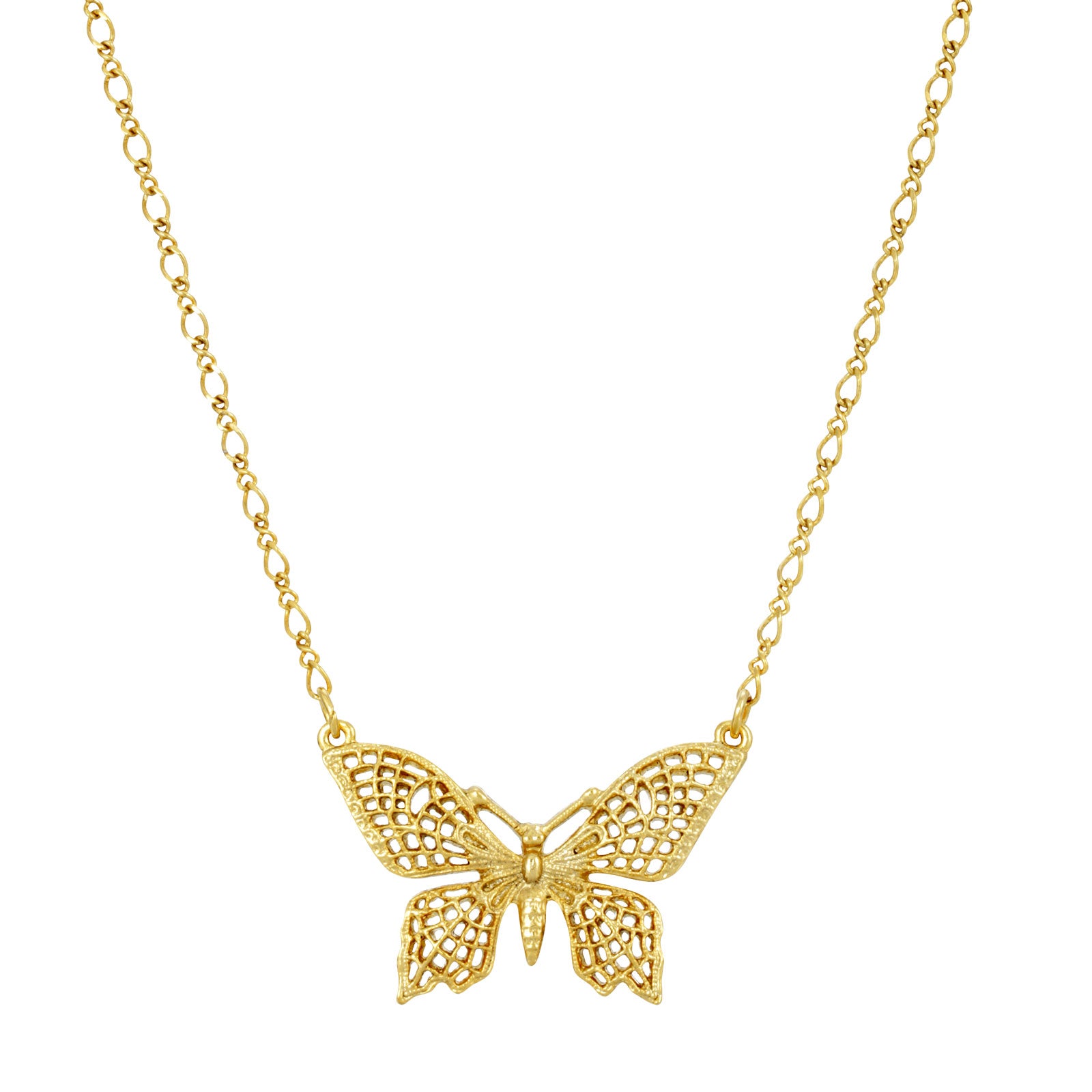 Gold Tone Filigree Butterfly Pendant Necklace 16in Adj.