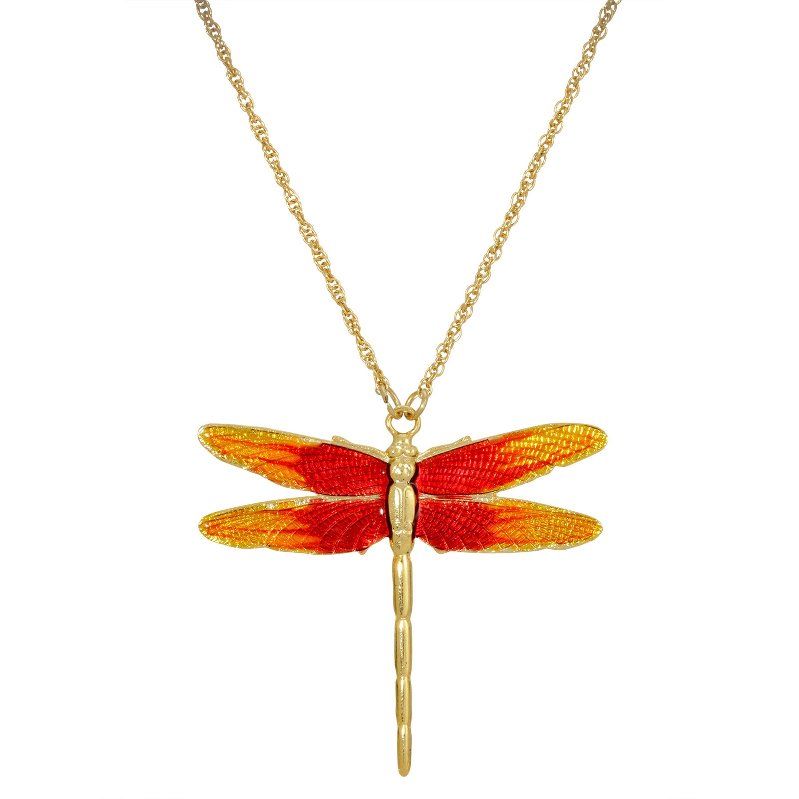 Gold-Tone Orange Enamel Dragonfly Pendant Necklace 16Adj.