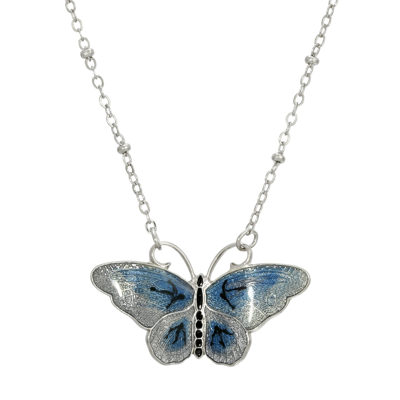 Silver-tone Blue And Black Enamel Butterfly Necklace 16”Adj.