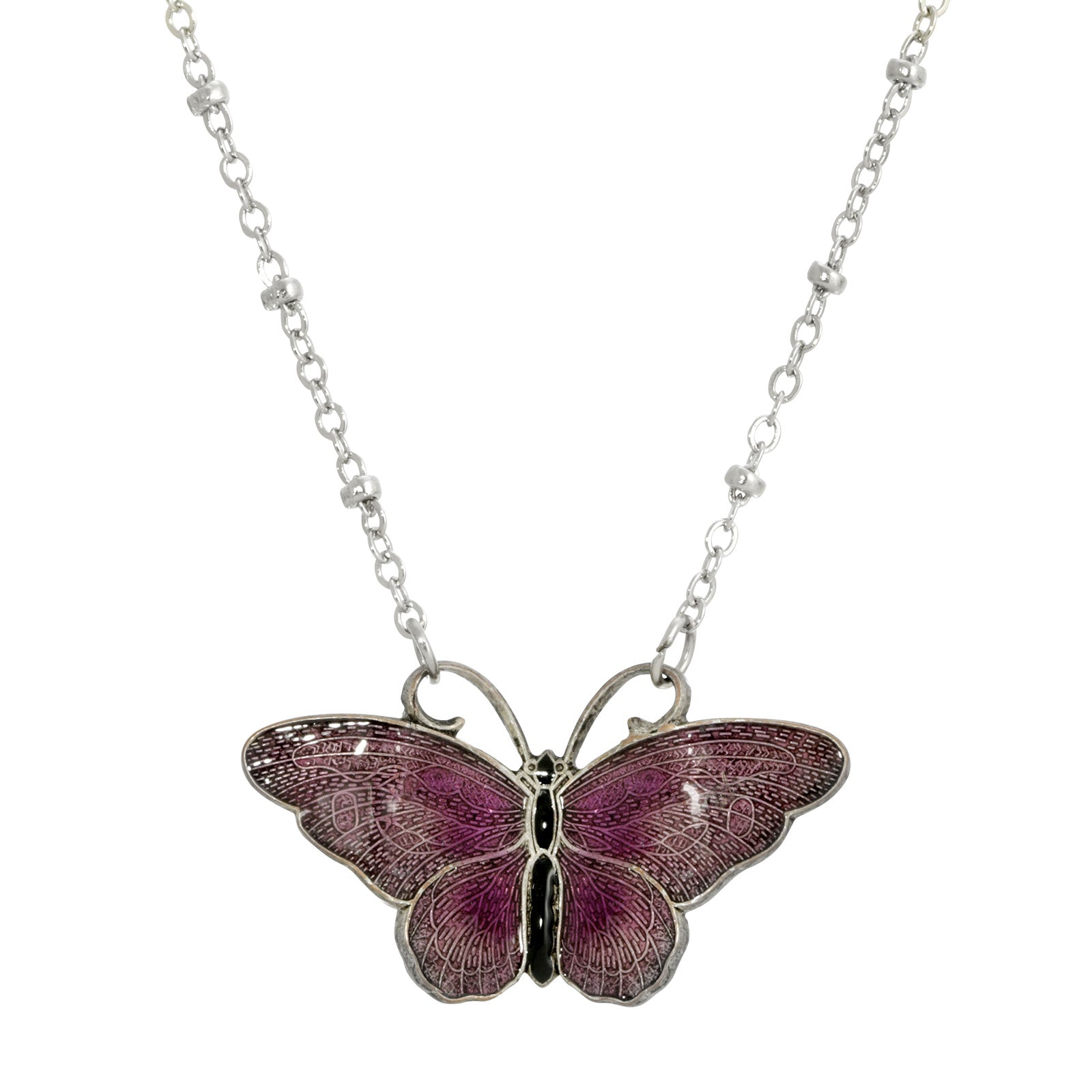 Silver-tone Purple And Black Enamel Butterfly Necklace 16”Adj.