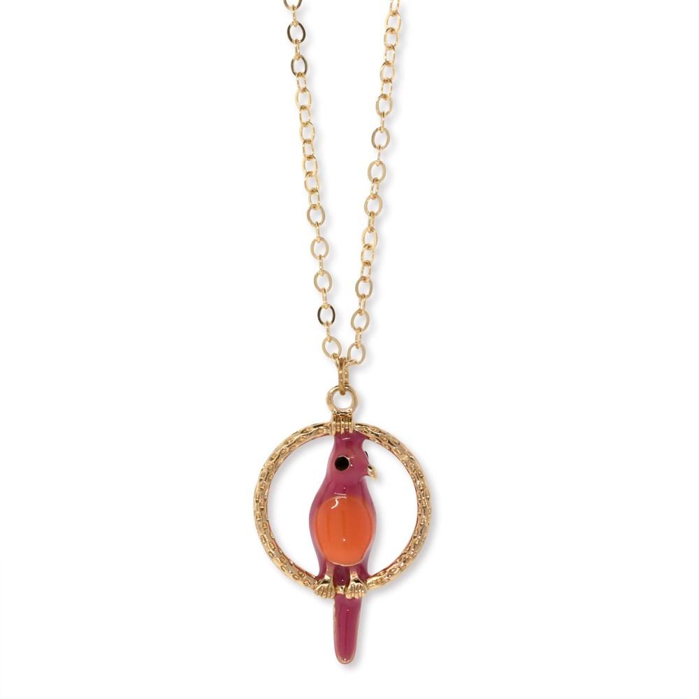 Gold Tone Orange & Pink Enamel Parrot Hoop Necklace 16Adj.