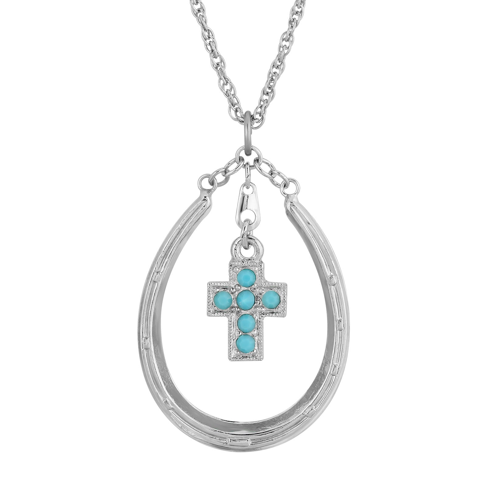 Pewter Horseshoe Turquoise Cross Necklace 16Adj.