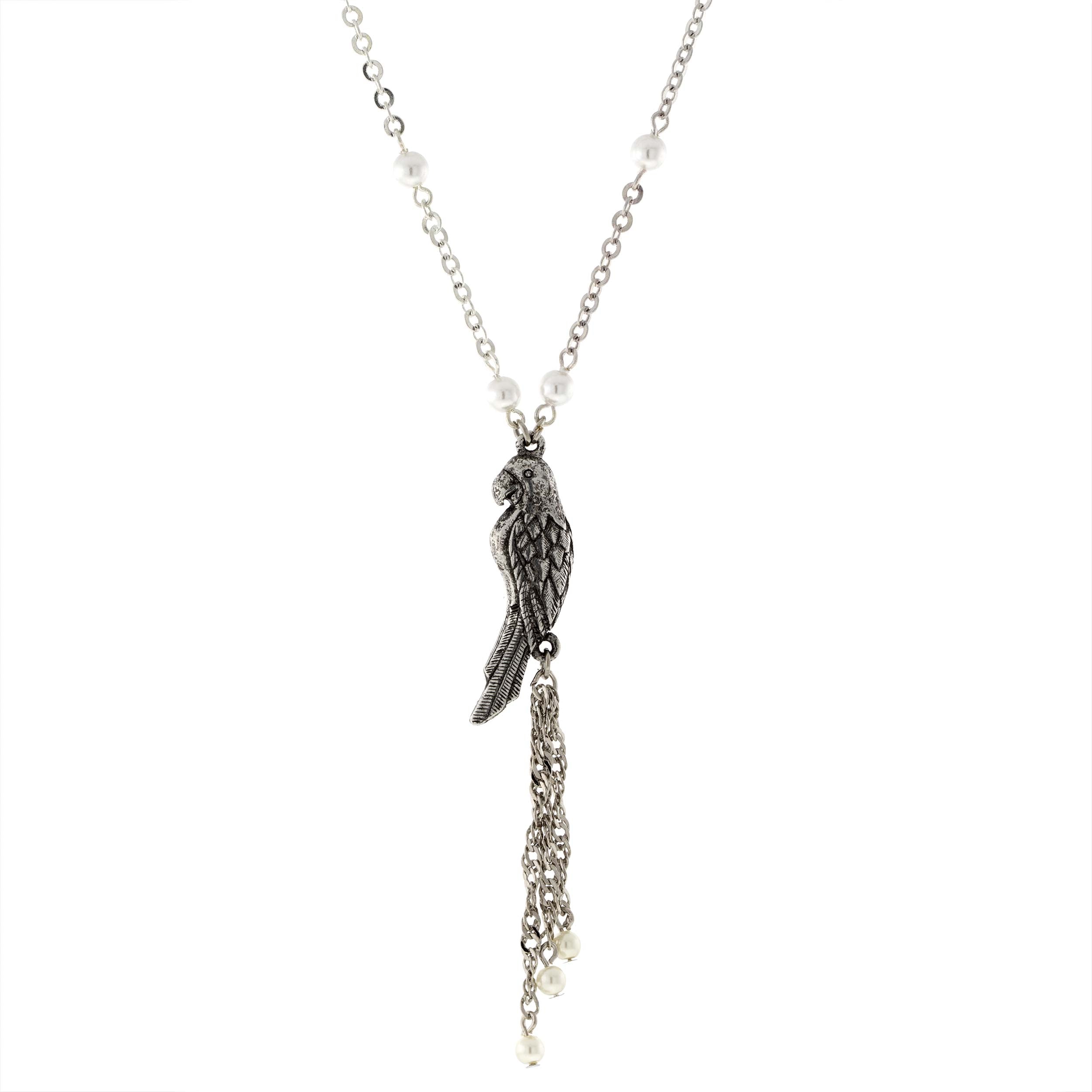 Pewter Parrot With Silver Tone Pearl Chain And Tassel Necklace 16 Adj.