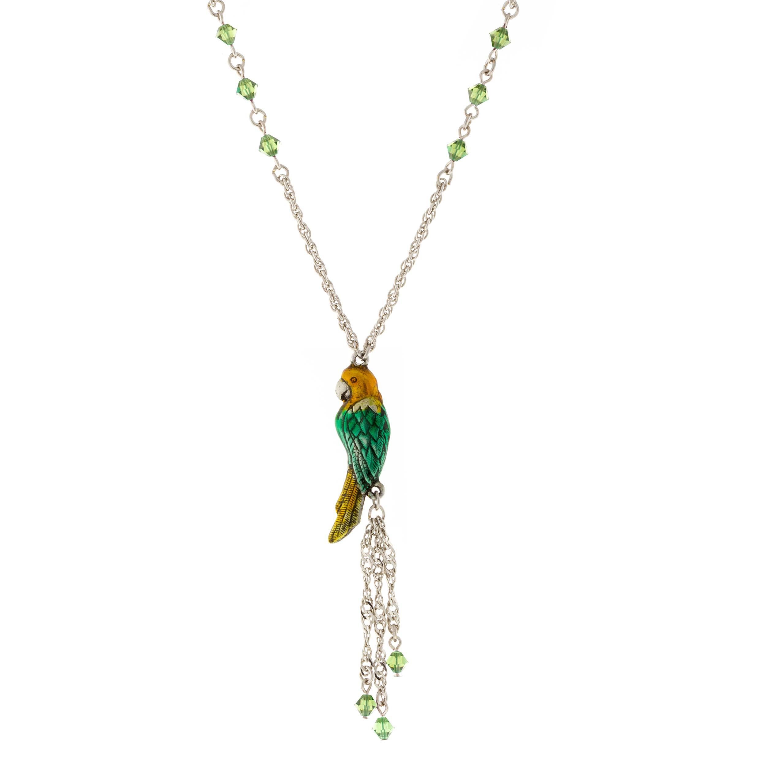 Silver Tone Green & Yellow Enamel Parrot With Green Beads Necklace 16Adj.