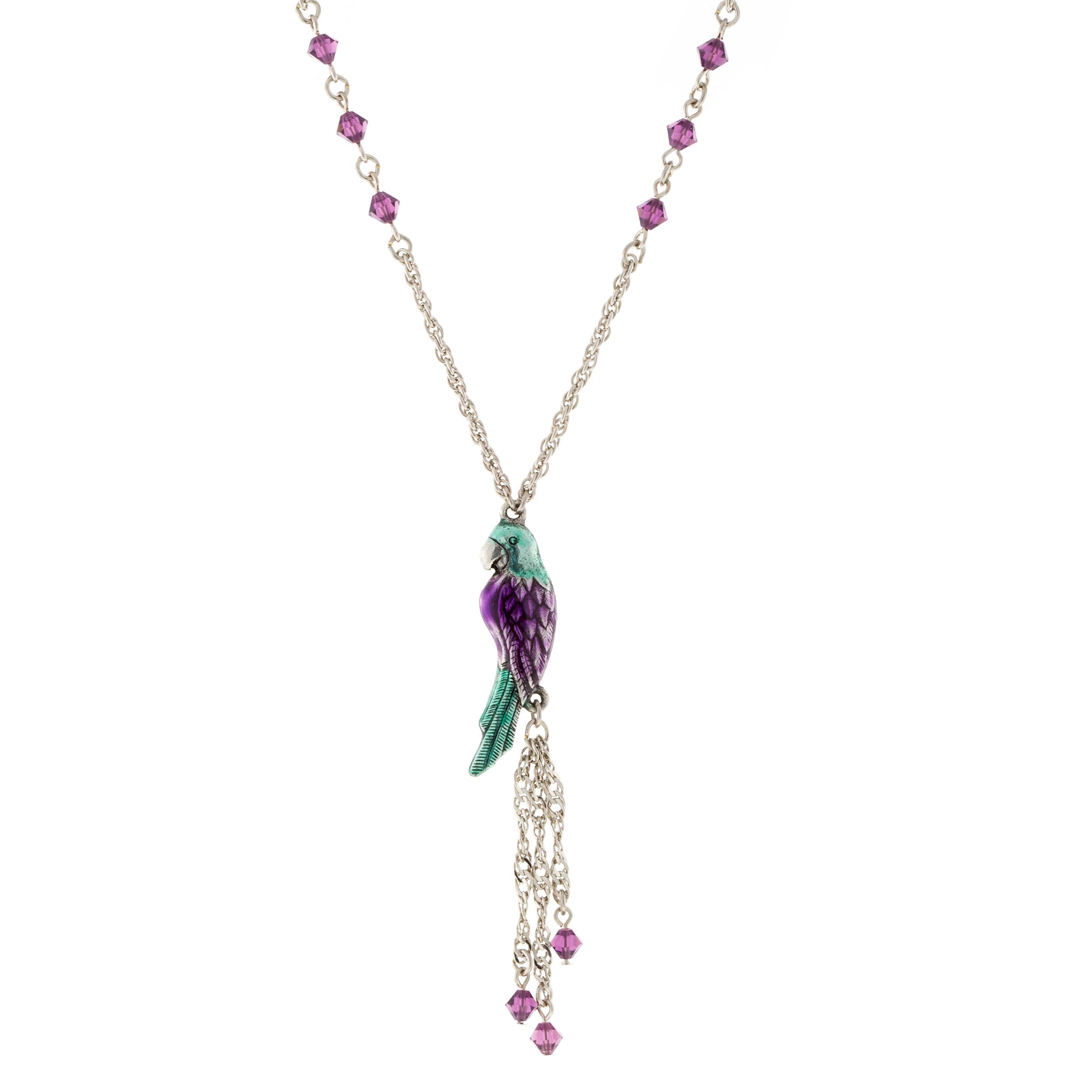 Silver Tone Purple & Green Enamle Parrot With Purple Beads Necklace 16Adj.