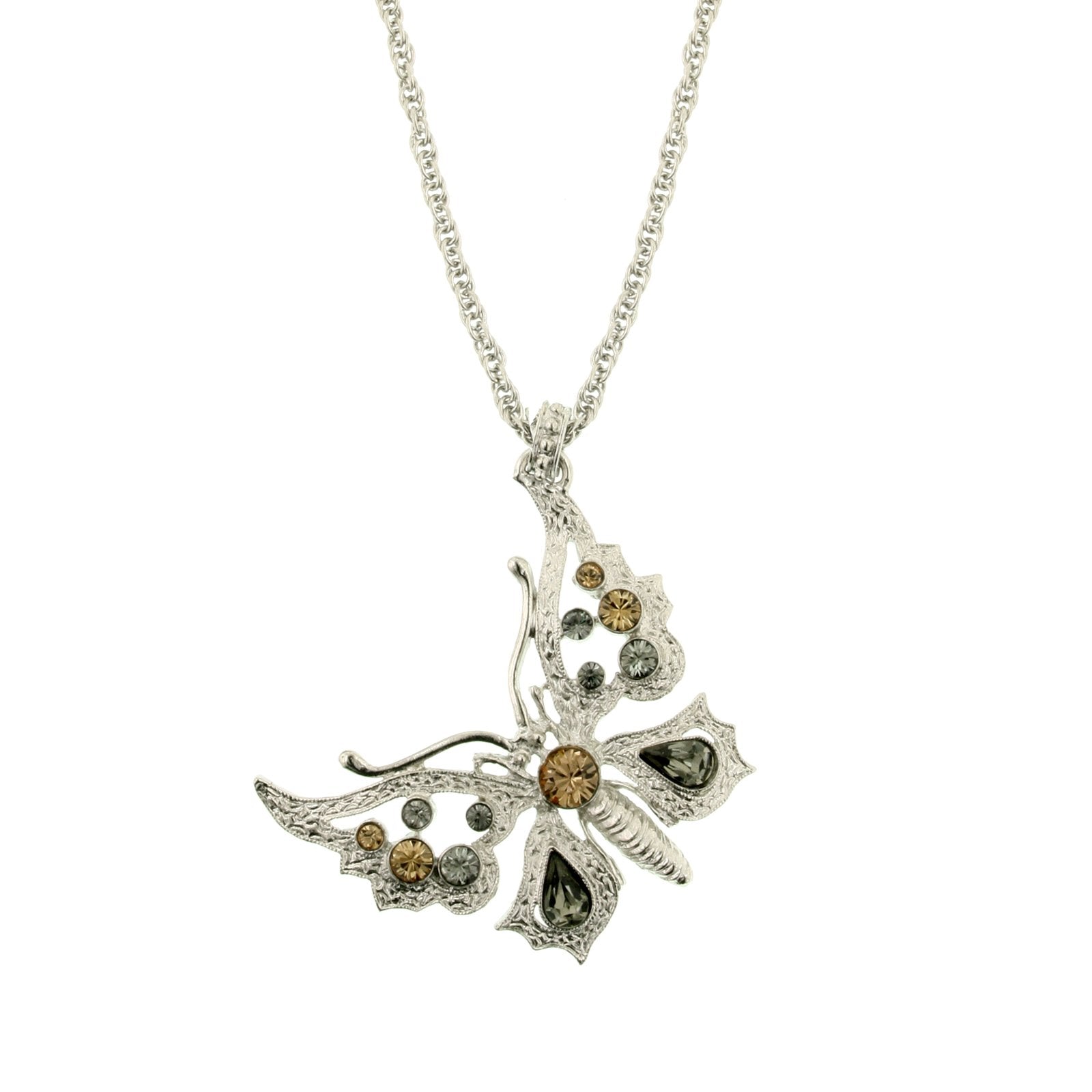 Silver-Tone Lt. Colorado/Blk Diamond Butterfly Necklace 16"Adj.