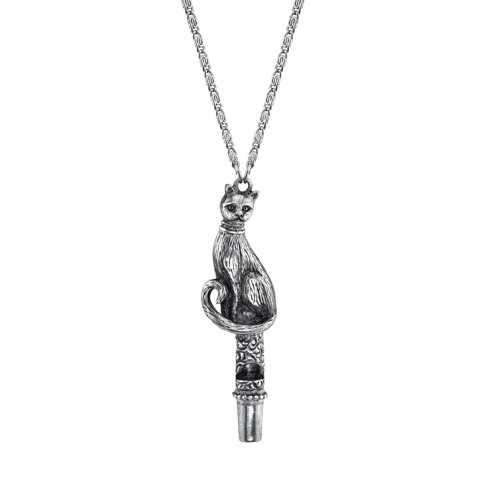 Antiqued Pewter Cat Whistle Pendant Necklace 30in