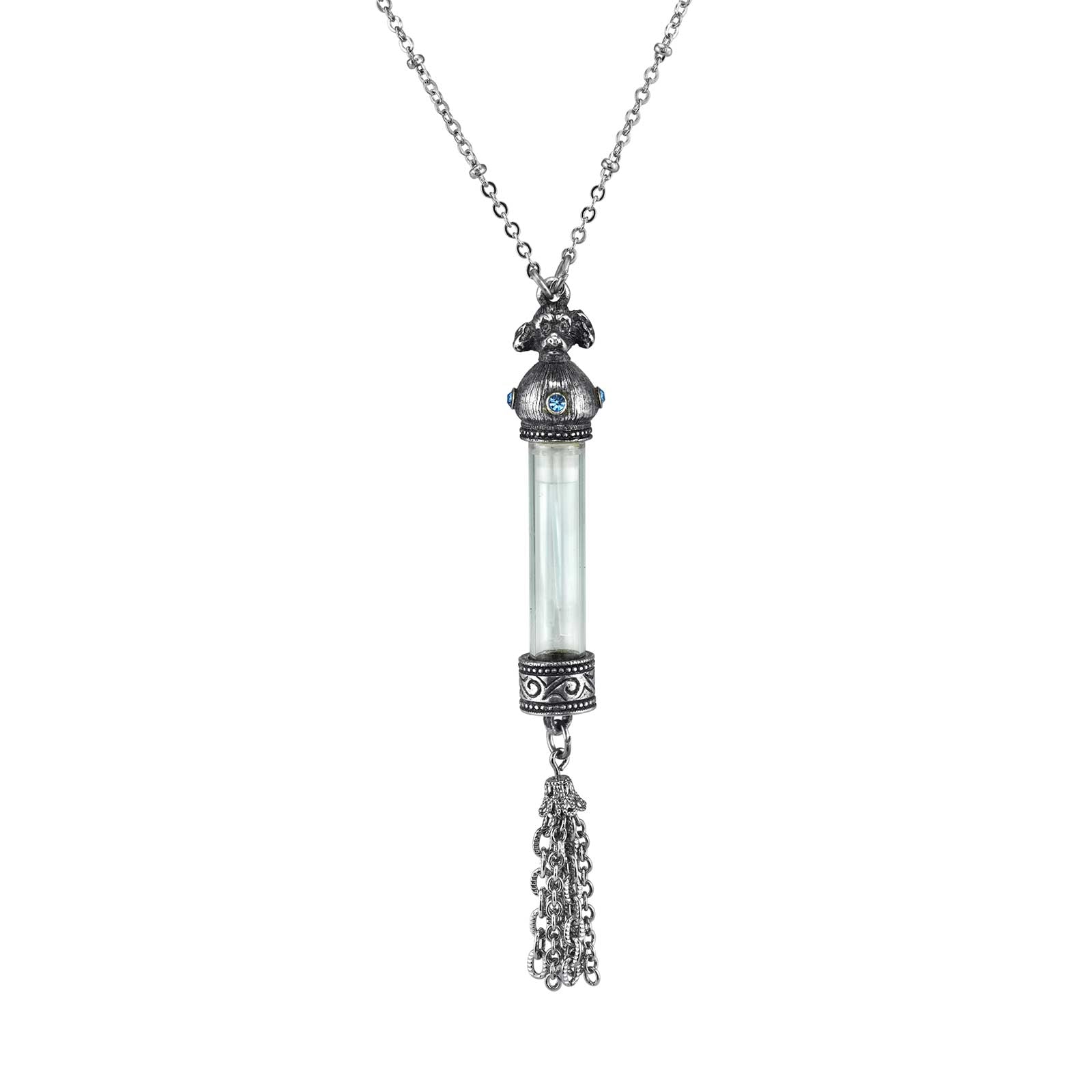 Pewter Blue Crystal Dog Vial With Tassle Necklace 30in