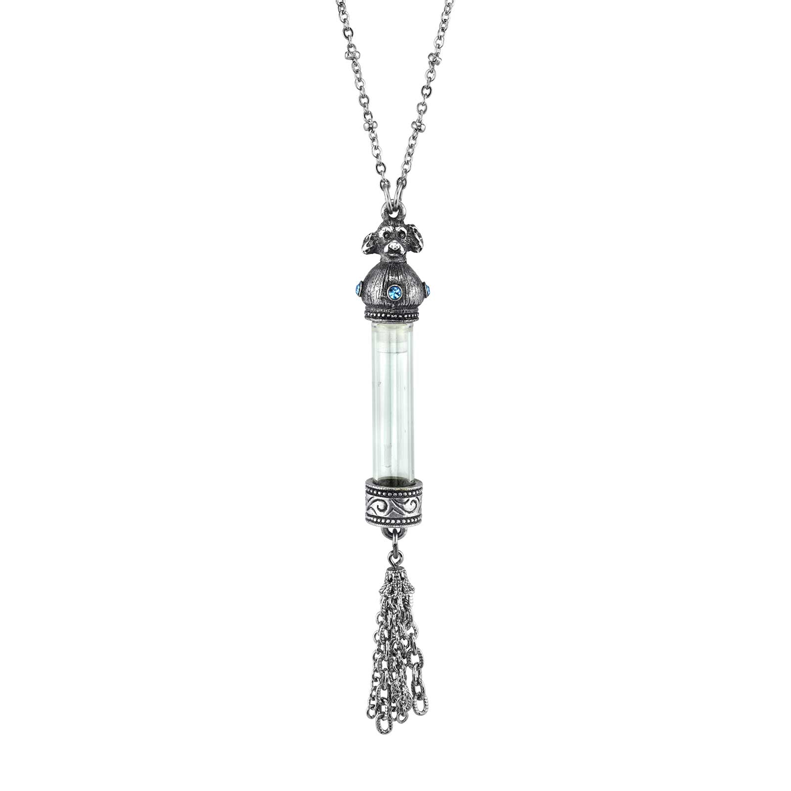 Antiqued Pewter Blue Crystal Cat Vial Tassle Necklace 30in