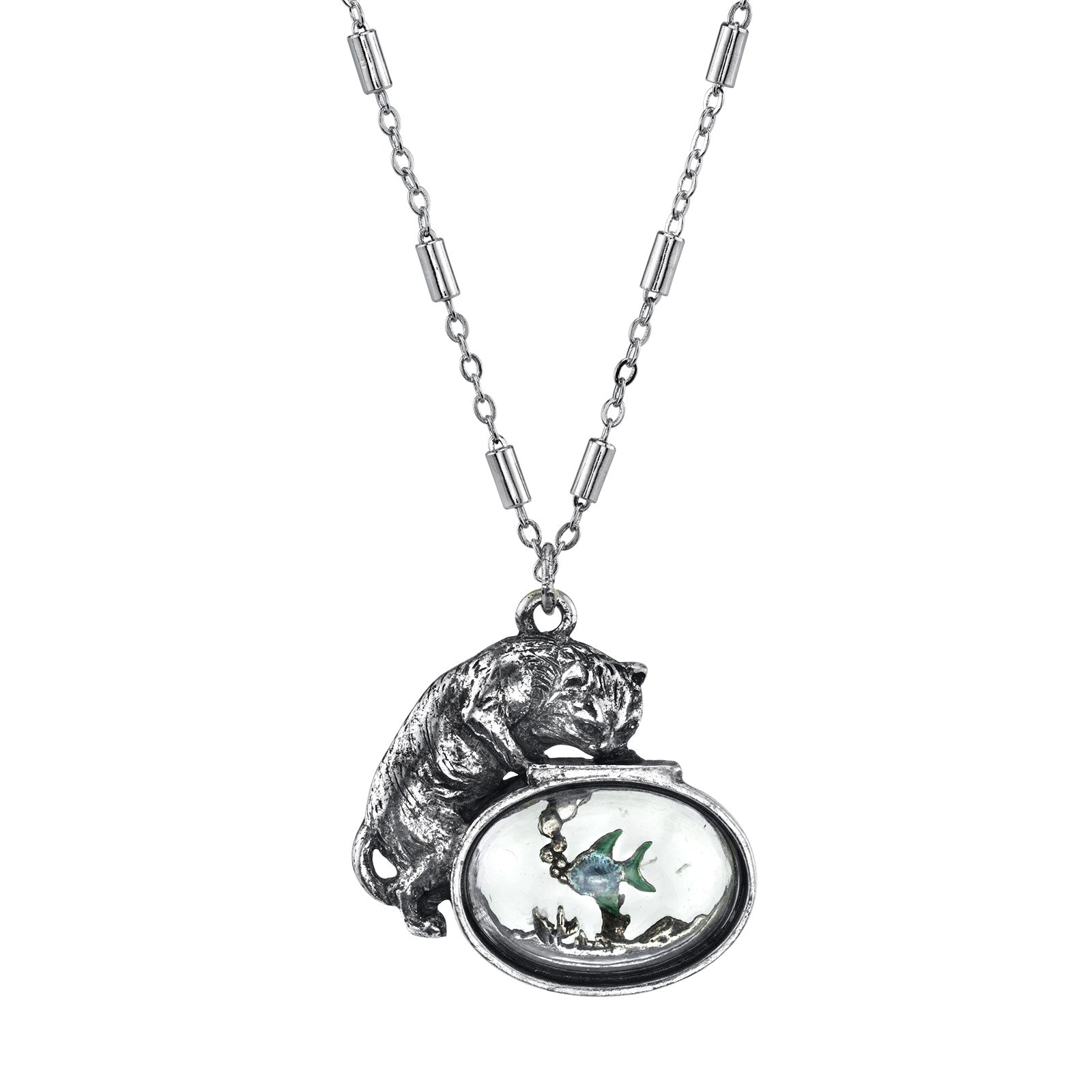 Pewter Cat W/Blue Enamel Fish In Glass Fishbowl Necklace 30in