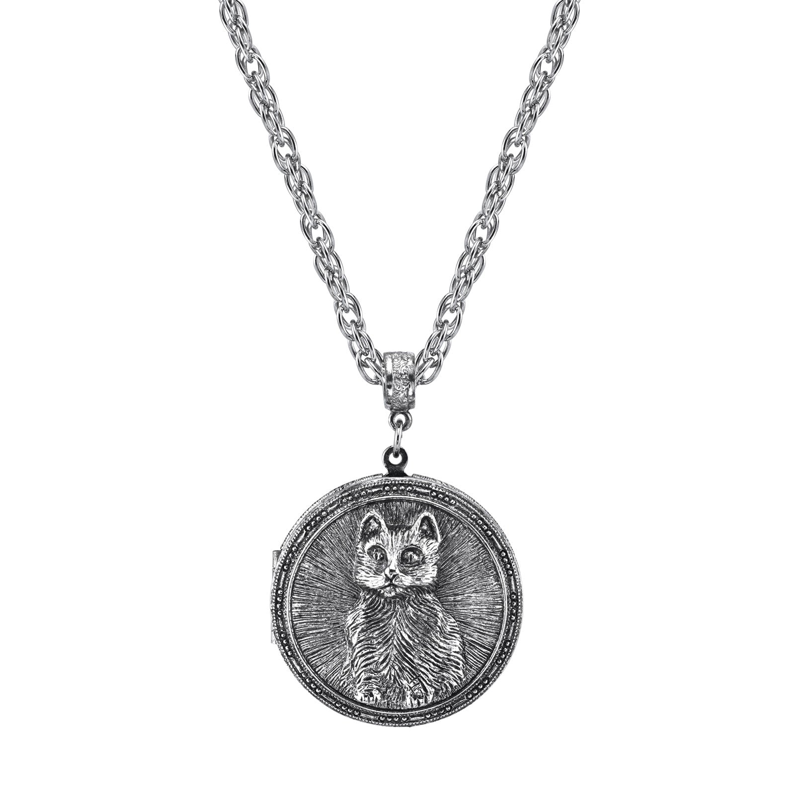 Pewter Cat Locket Necklace 30in