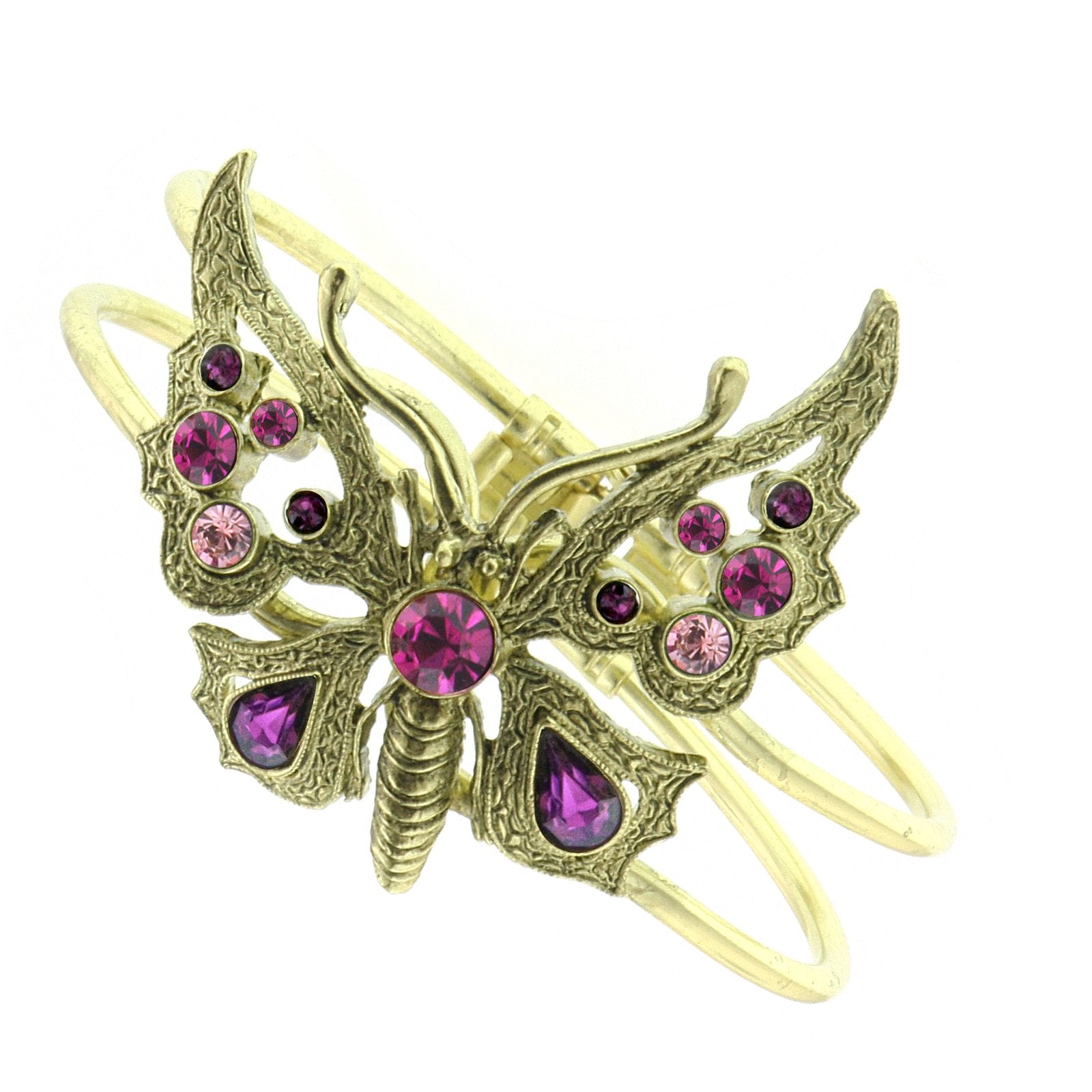 Brass Amethyst/Fuchsia Butterfly Hinge Cuff Bracelet