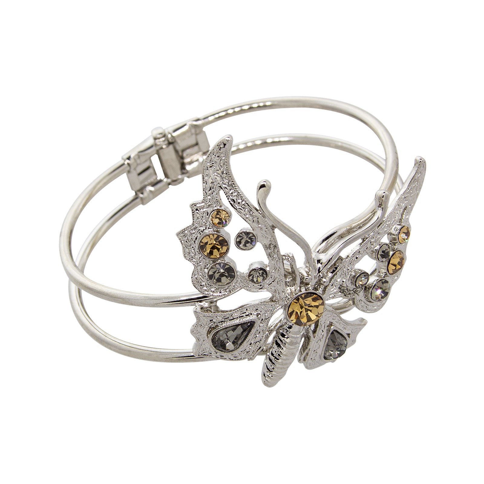 Silver-Tone Lt. Topaz And Black Diamond Crystal Butterfly Hinge Cuff Bracelet