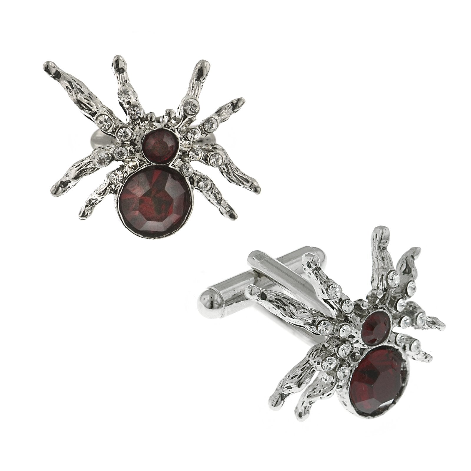 Silver-Tone Red Crystal Spider Cufflinks