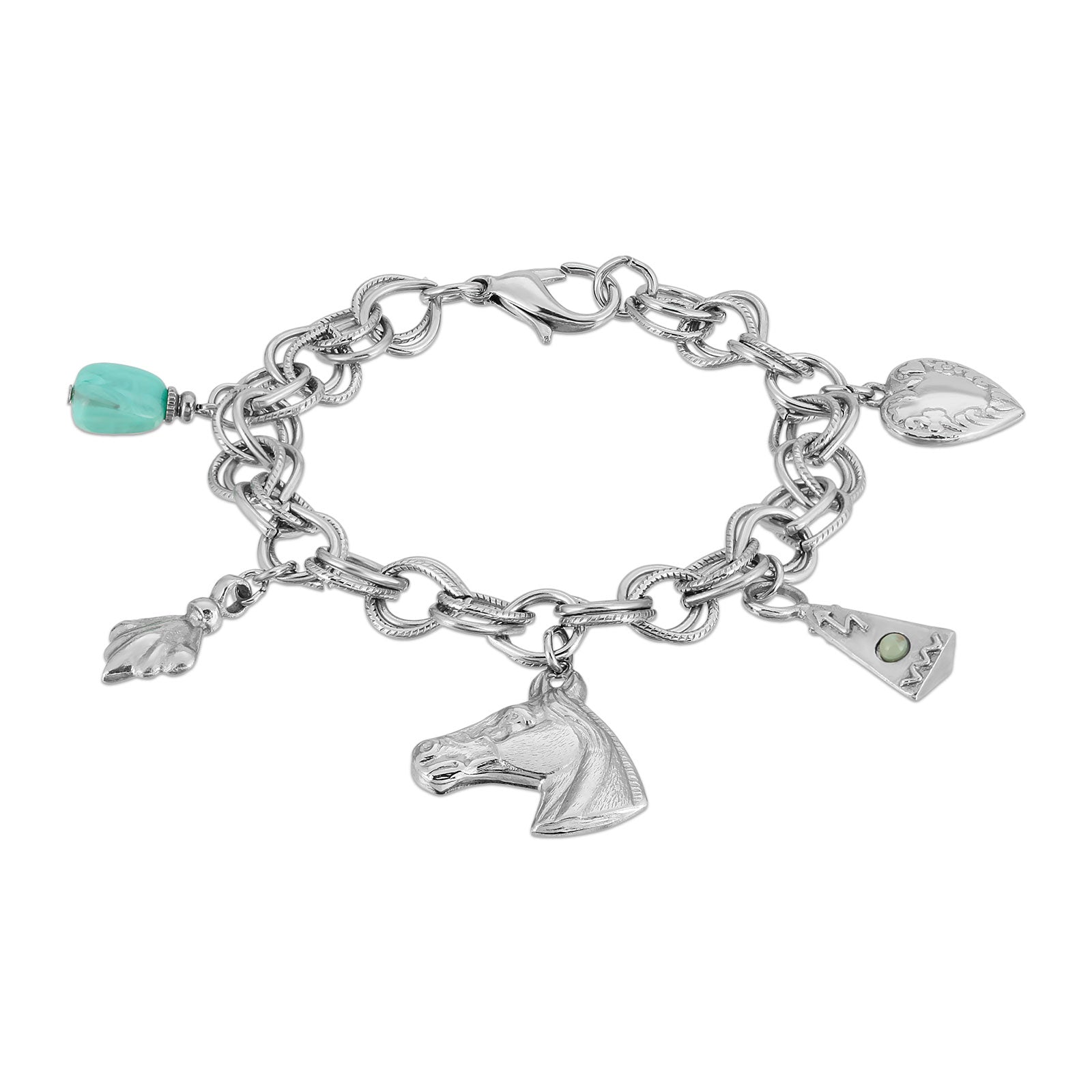 Silver-Tone Turquoise Color Accents and Multi-Charm Horse Bracelet