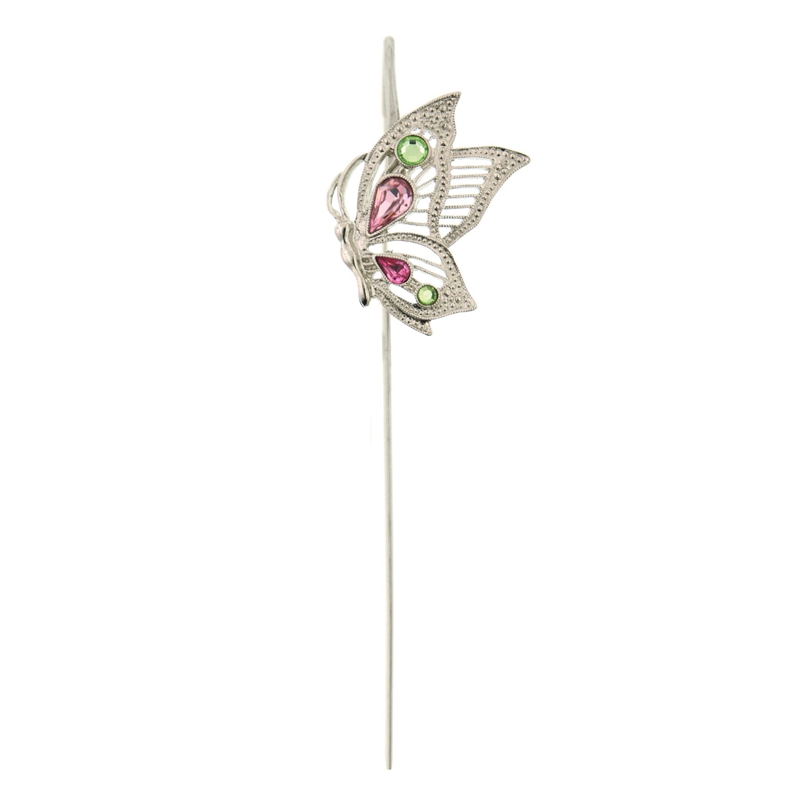 Silver-Tone Pink and Green Crystal Butterfly Bookmark