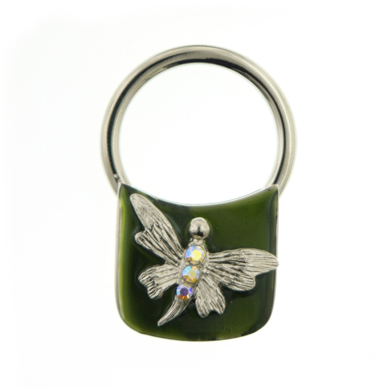 Silver-Tone Green Enamel and AB Crystal Butterfly Key Fob