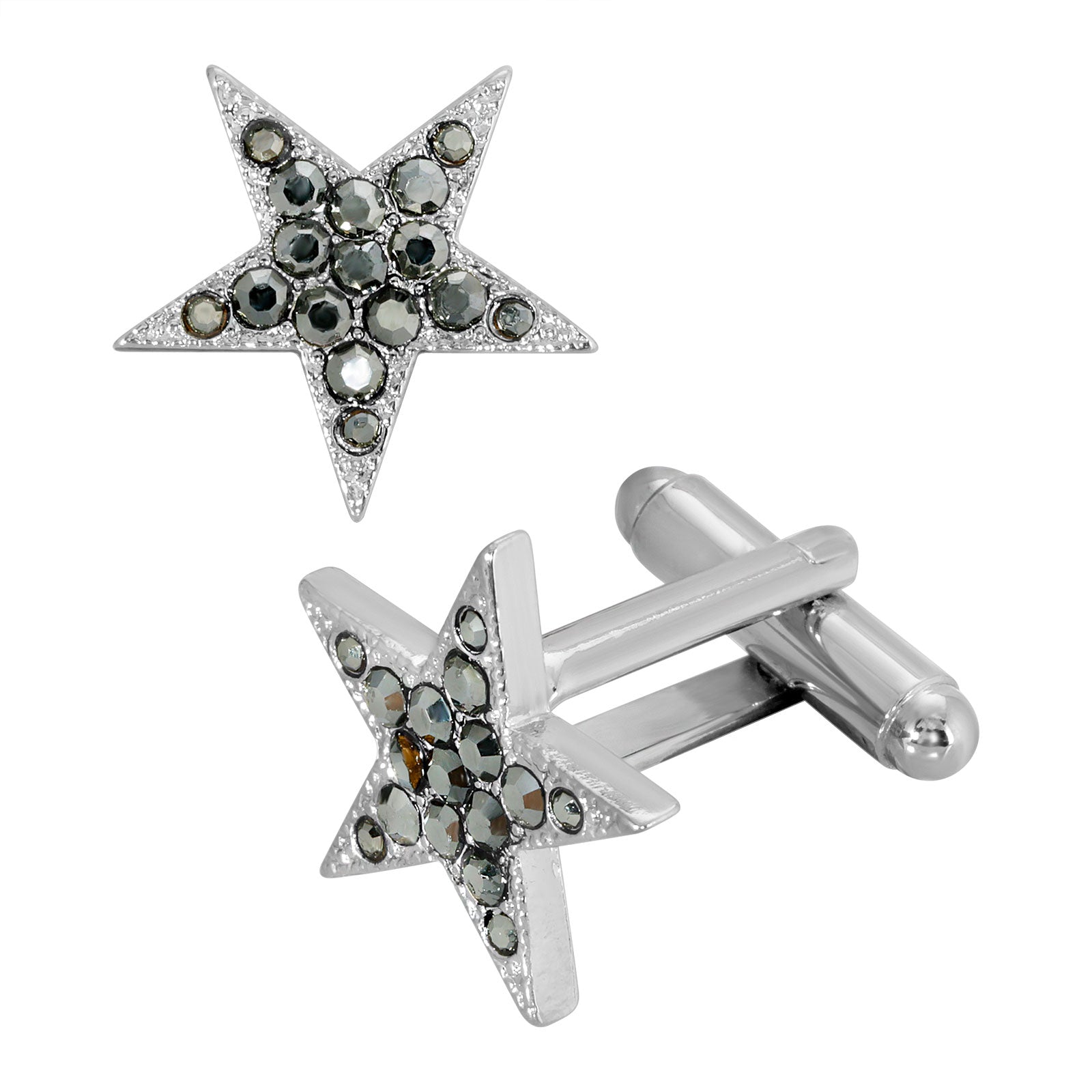 Silver-Tone Hematite Color Crystal Star Cufflinks