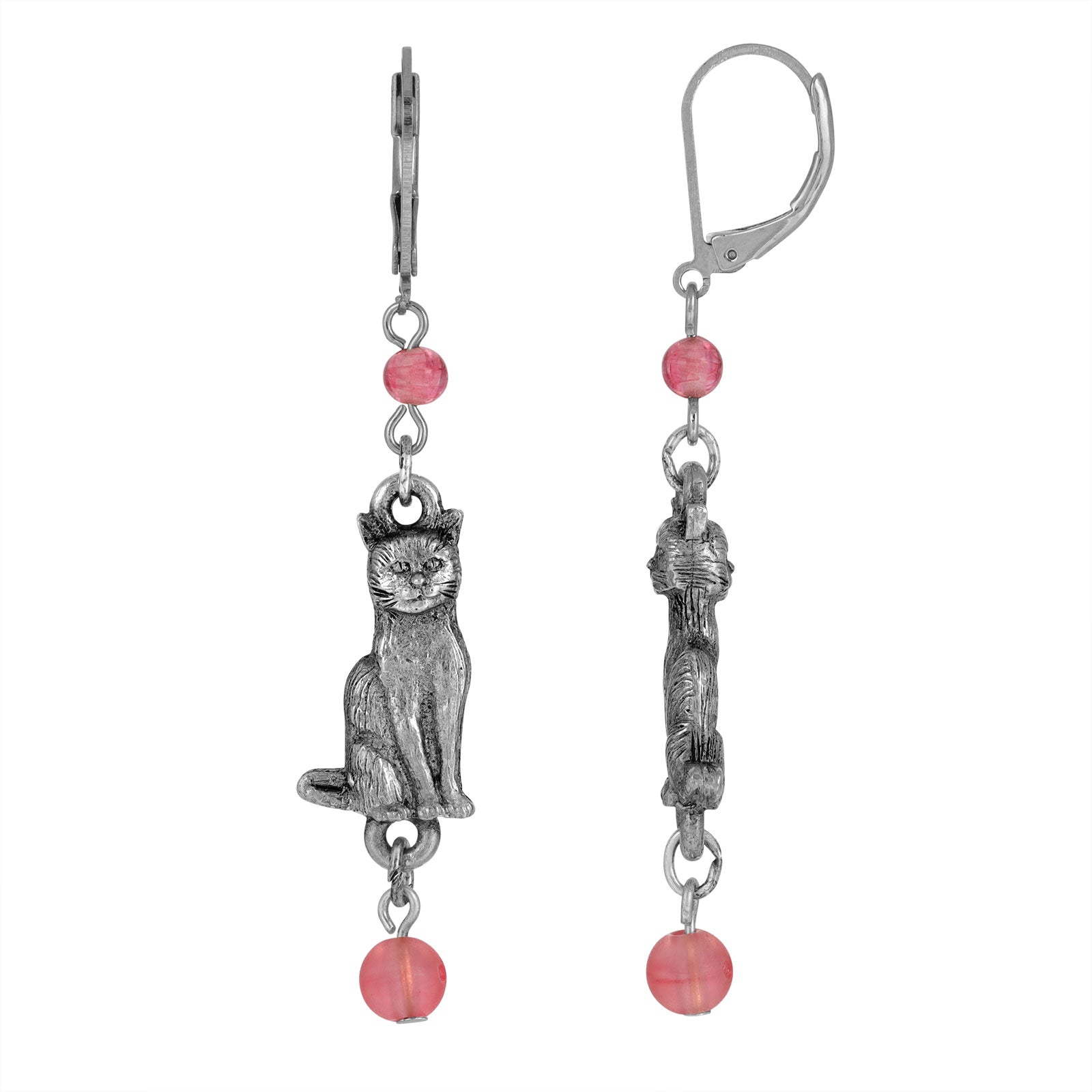 Silver Tone Pink Bead Cat Drop Earrings