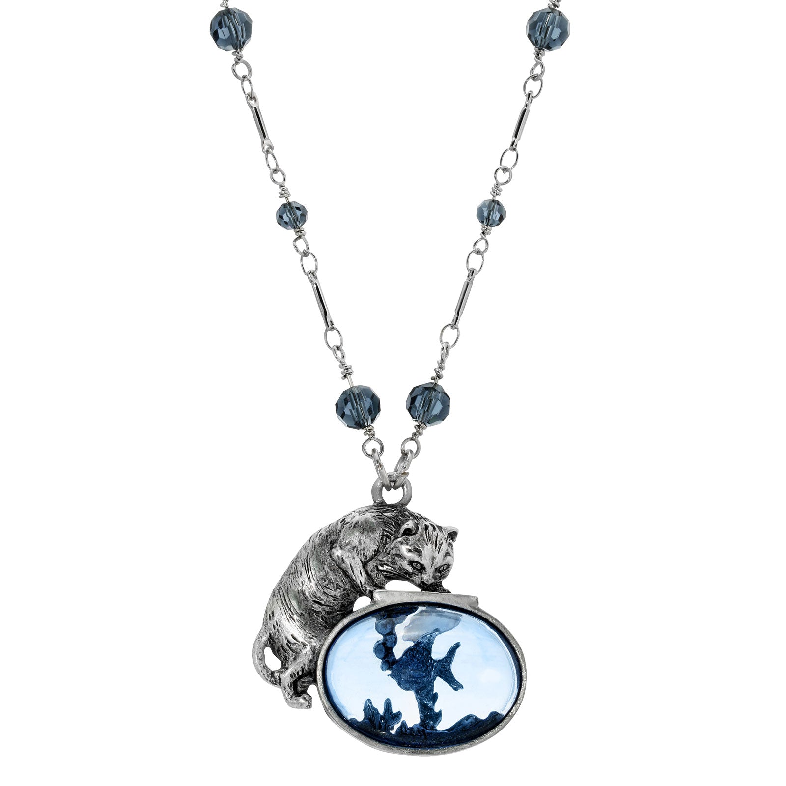 Pewter Silver Montana Blue Beaded Cat And Fish 30 Inches Necklace