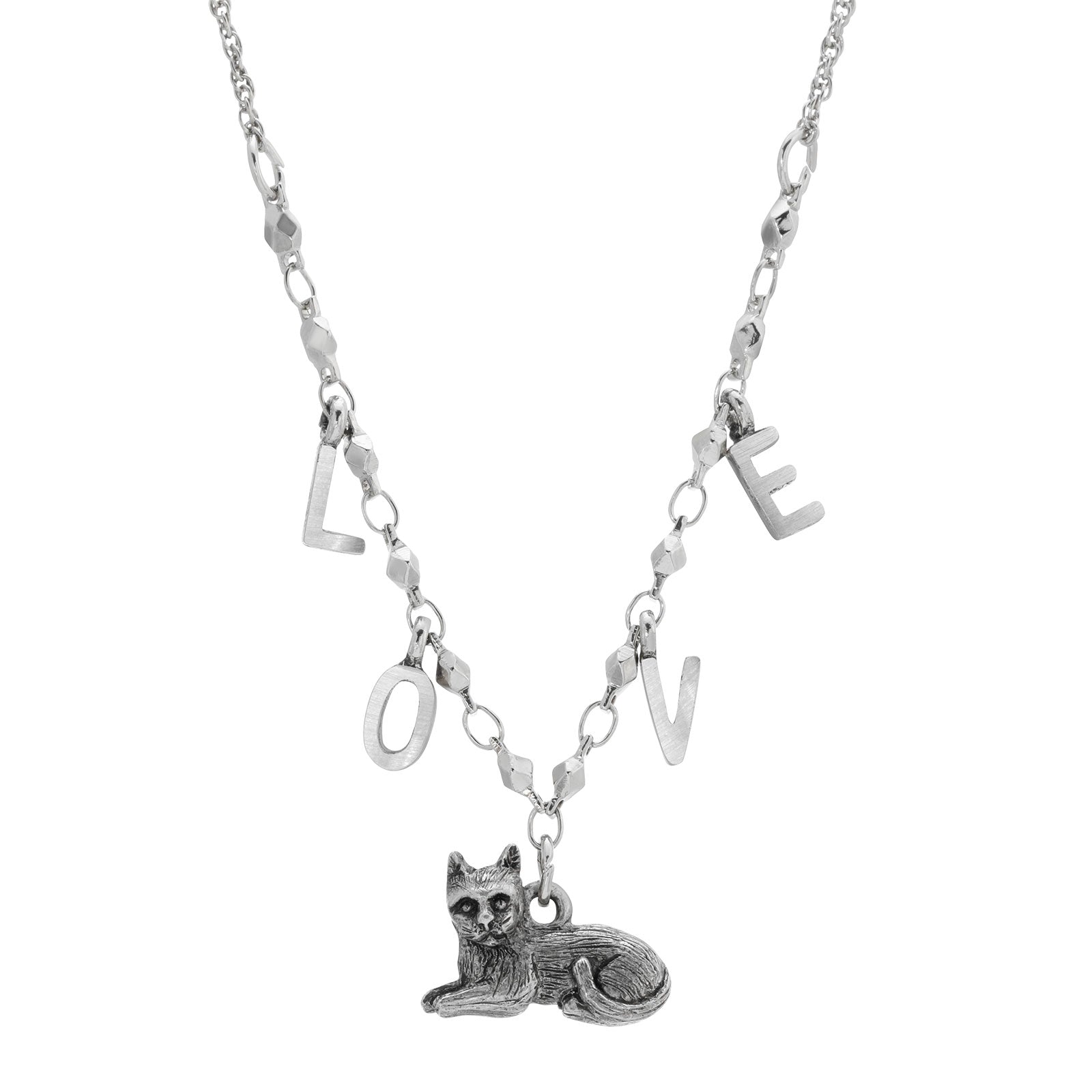 PEWTER AND SILVER TONE CAT WITH LOVE INITIALS NECKLACE 16 INCHES