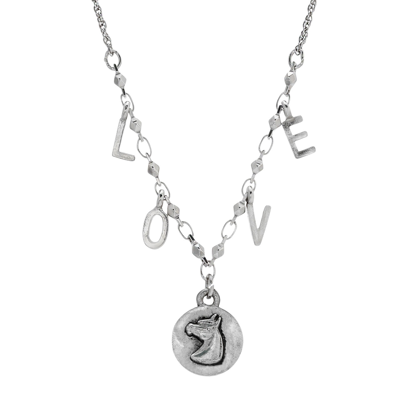 PEWTER AND SILVER TONE HORSE WITH LOVE INITIALS NECKLACE 16 INCHES