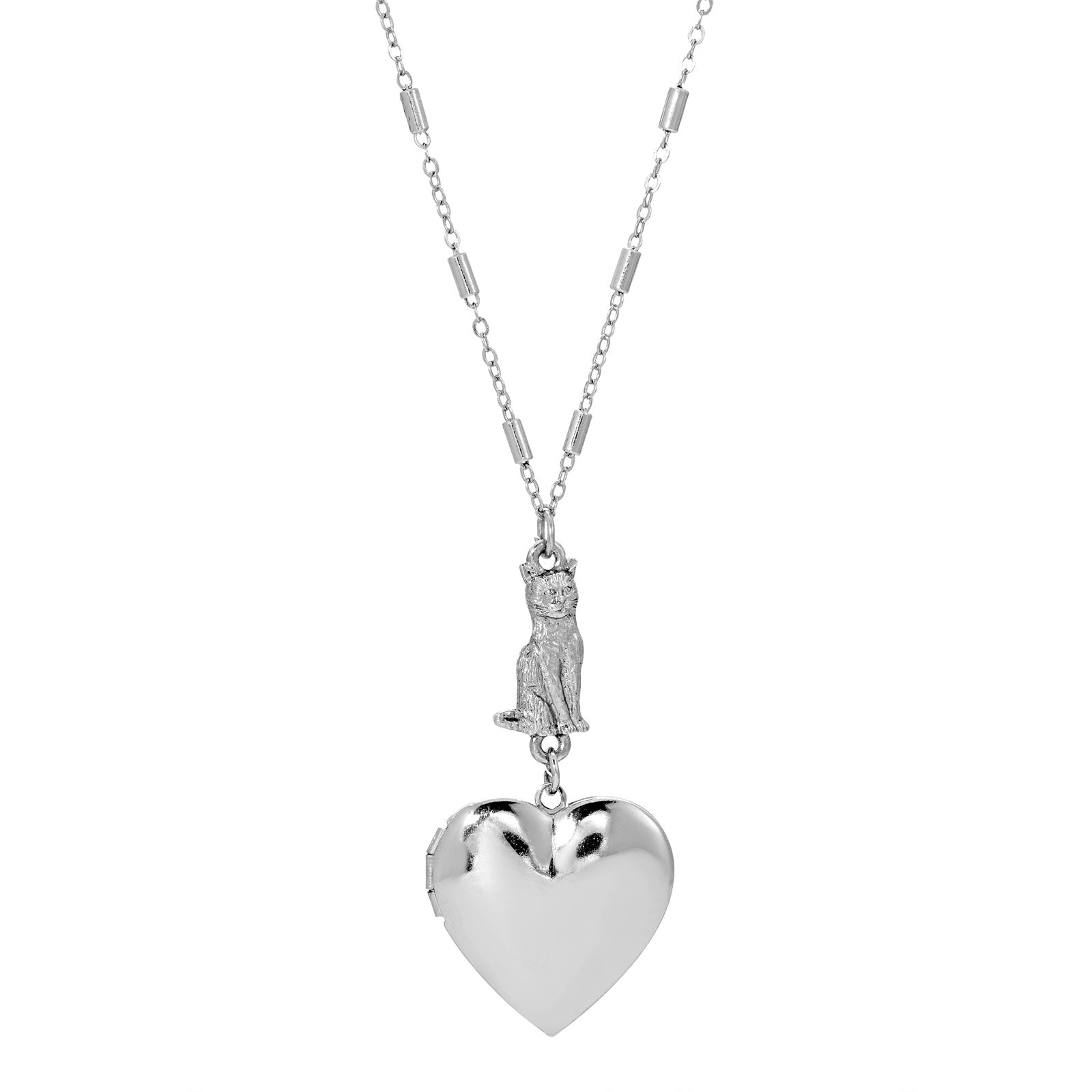 Silver Tone Heart Cat Necklace 30 Inches