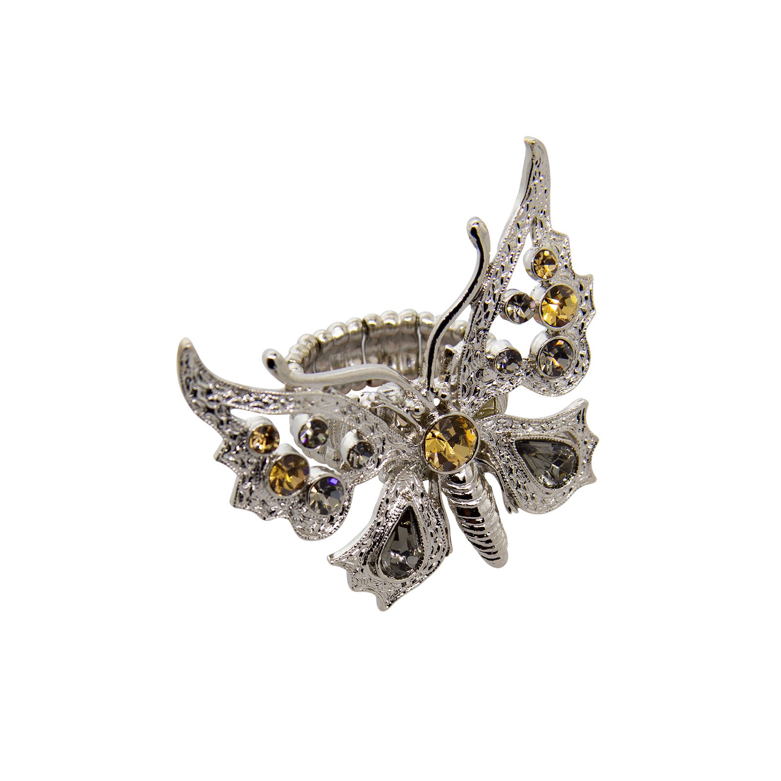 Silver-Tone Light Topaz And Black Diamond Color Butterfly Stretch Ring