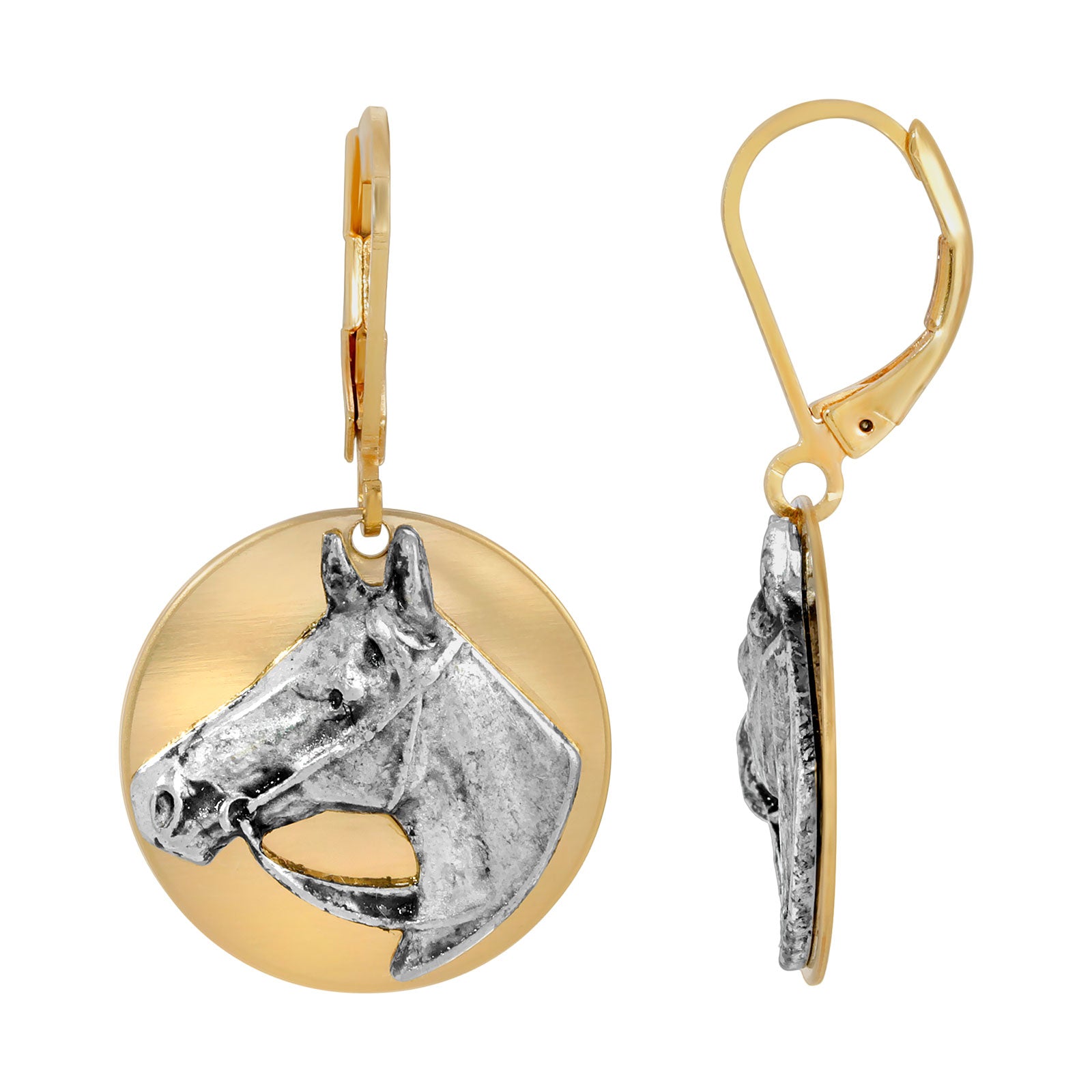 Gold Tone Silver Horse Head Earrings