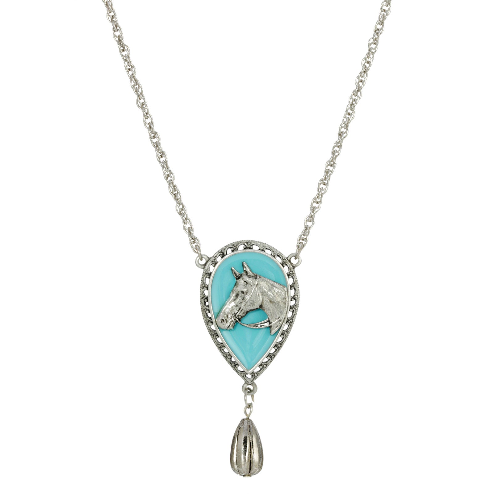 Silver Tone Turquoise Enamel Horse Head Necklace 18 Inch