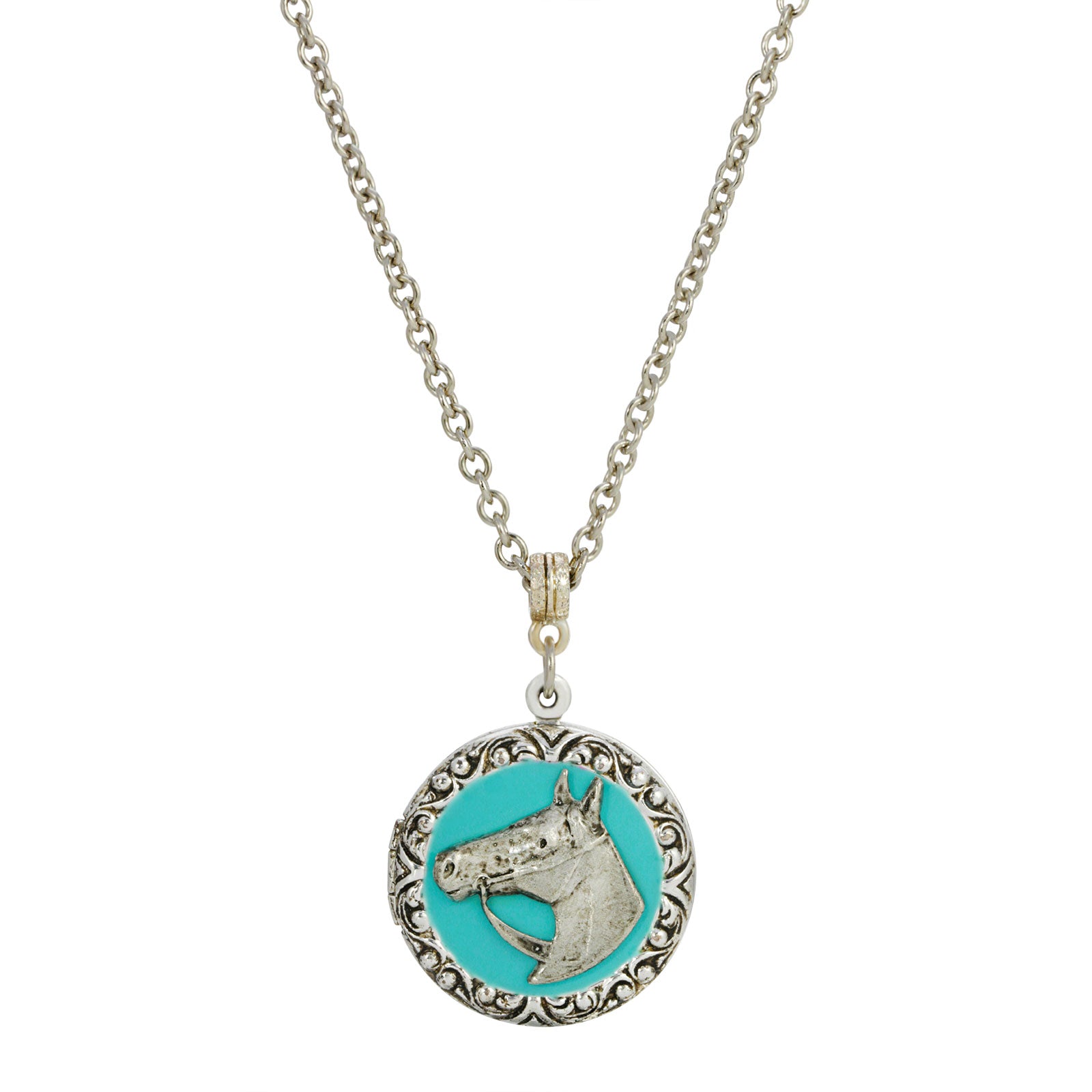 Silver Tone Turquoise Enamel Horse Necklace 24