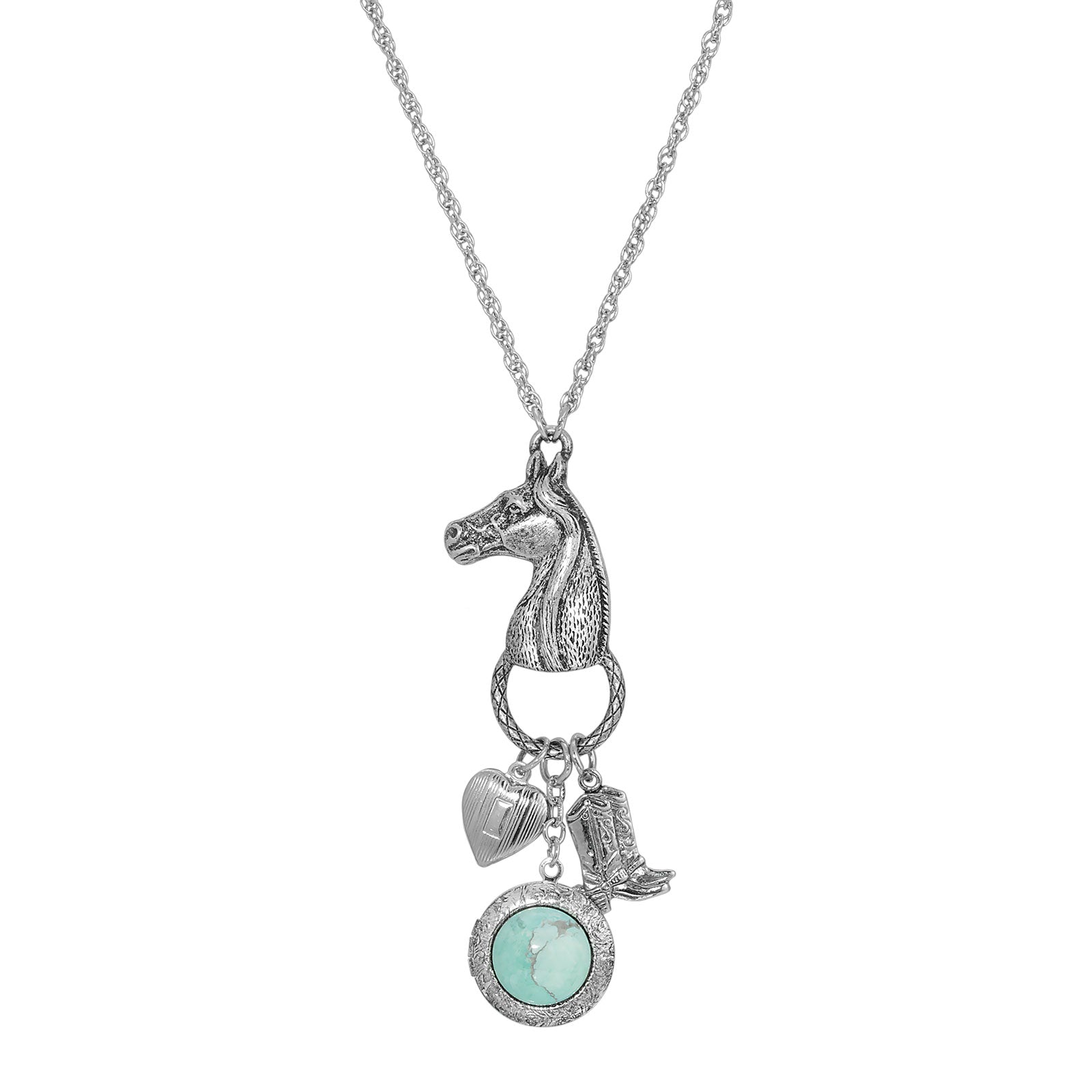 Silver Tone Turquoise Horse Head With Heart And Boot Charm Necklace 28 Inch