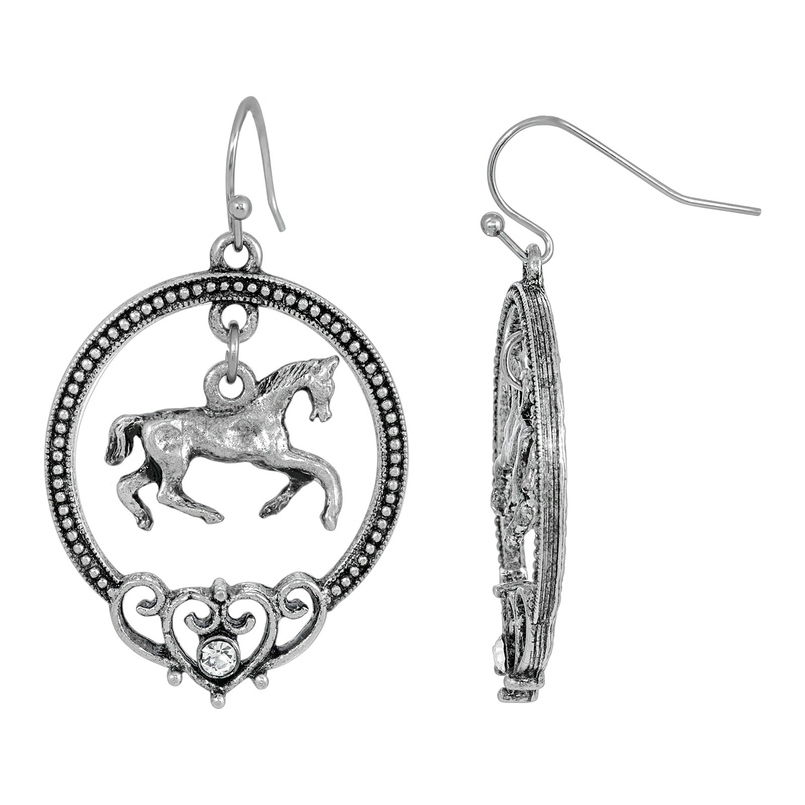 Silver Tone Horse Hoop Earrings