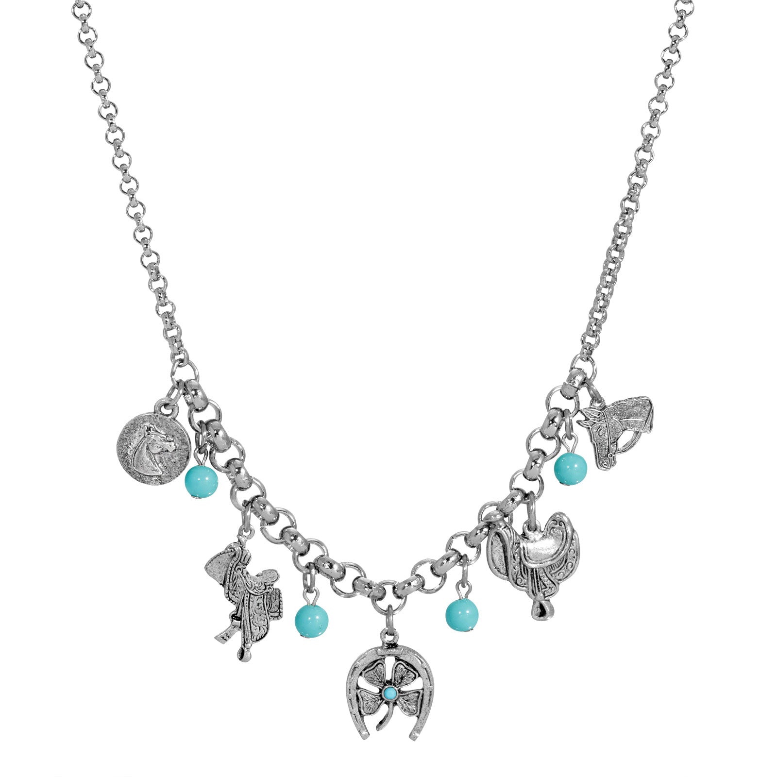 Pewter Turquoise Bead Horse Charm Necklace 16 Inch Adj