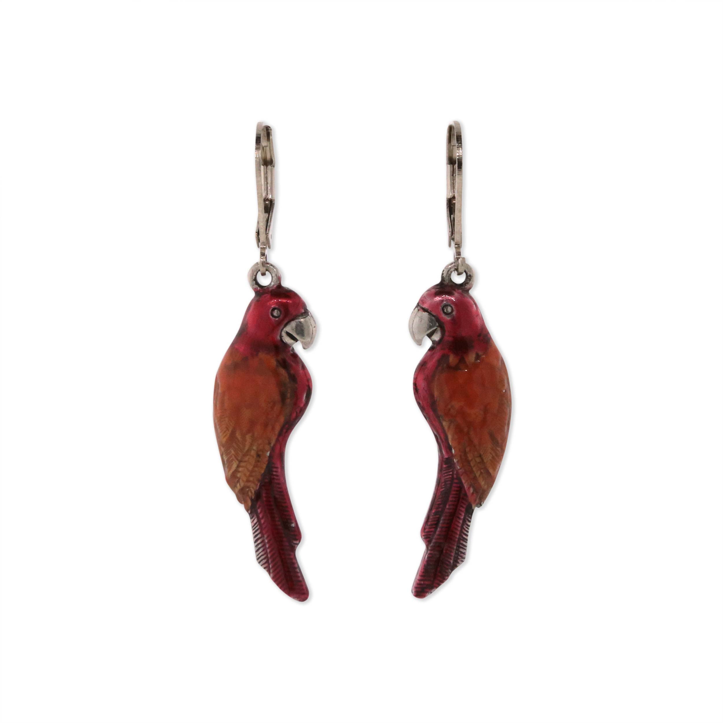 Silver Tone Orange/Red Hand Enamel Parrot Earrings