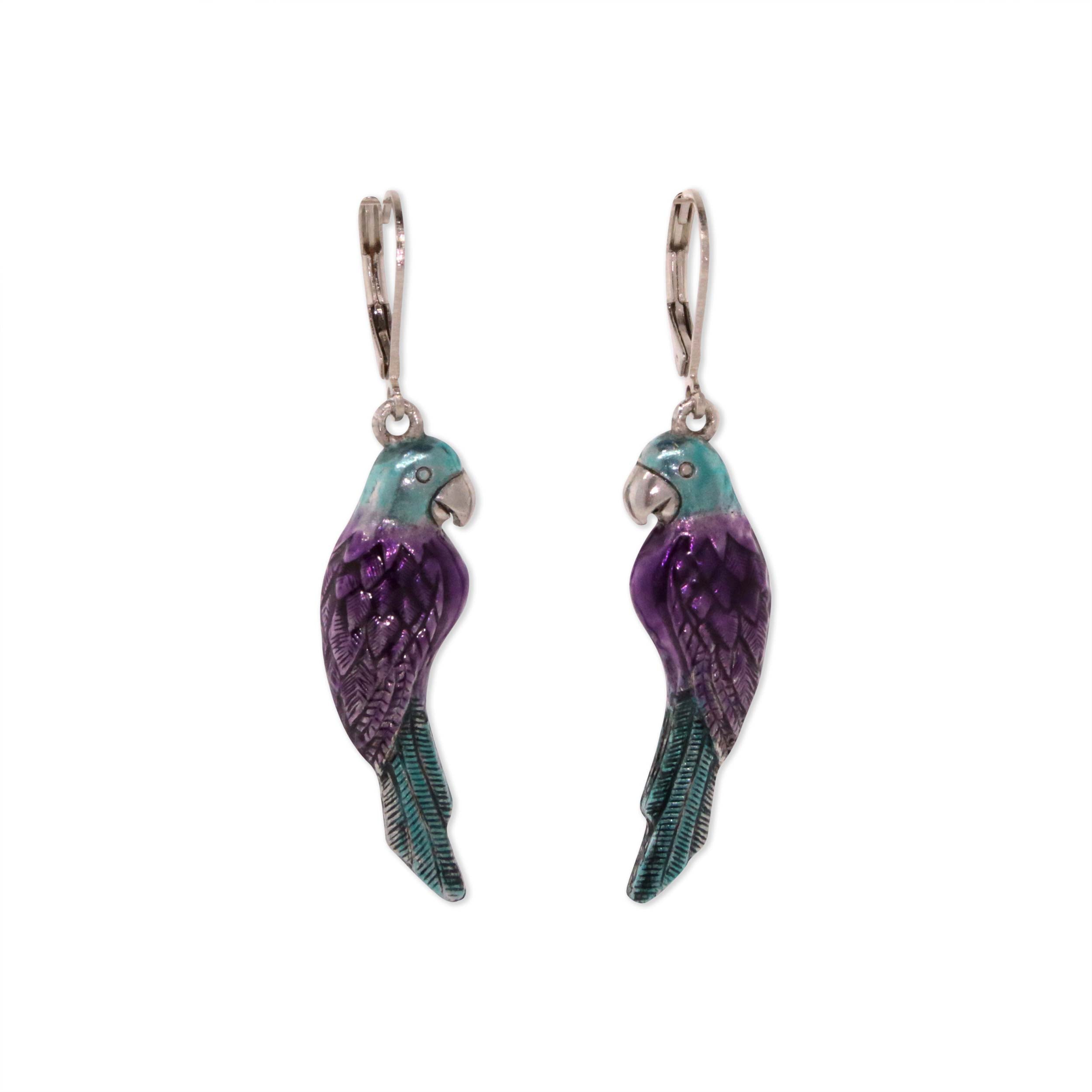 Silver Tone Purple/Blue Hand Enamel Parrot Earrings