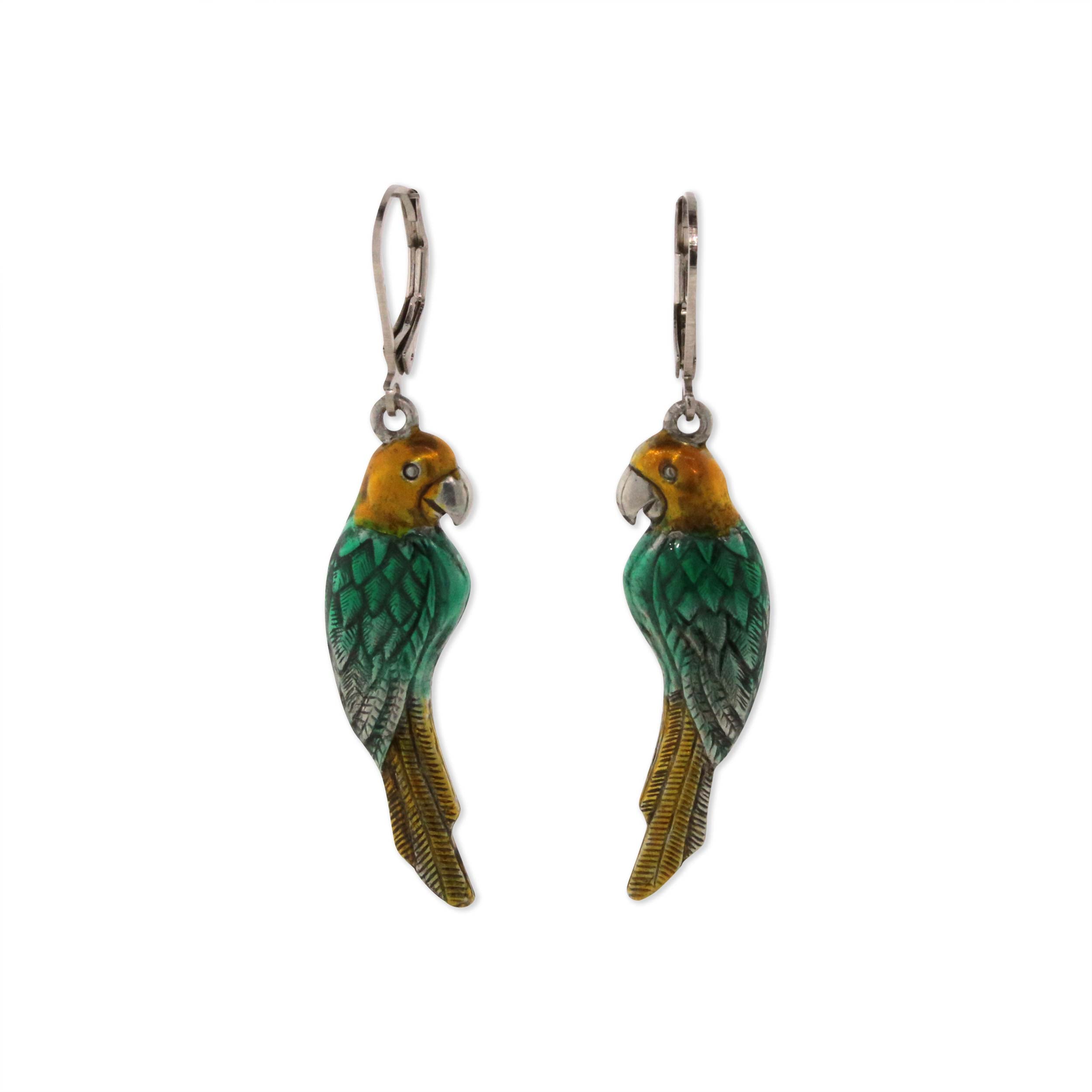 Silver Tone Green/Yellow Hand Enamel Parrot Earrings