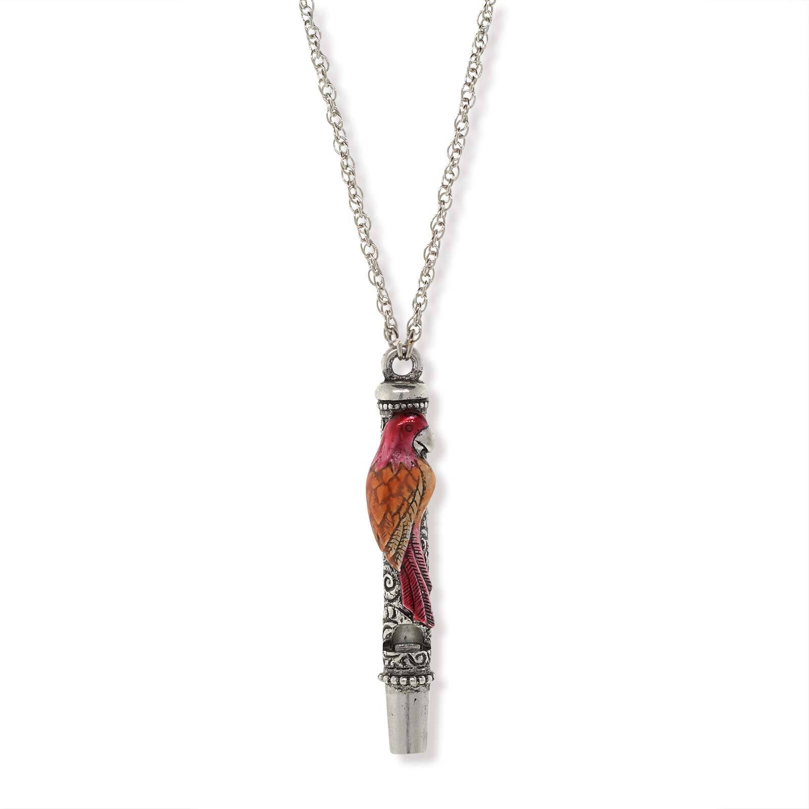 Pewter Orange And Red Enamle Parrot Whistle Necklace 30