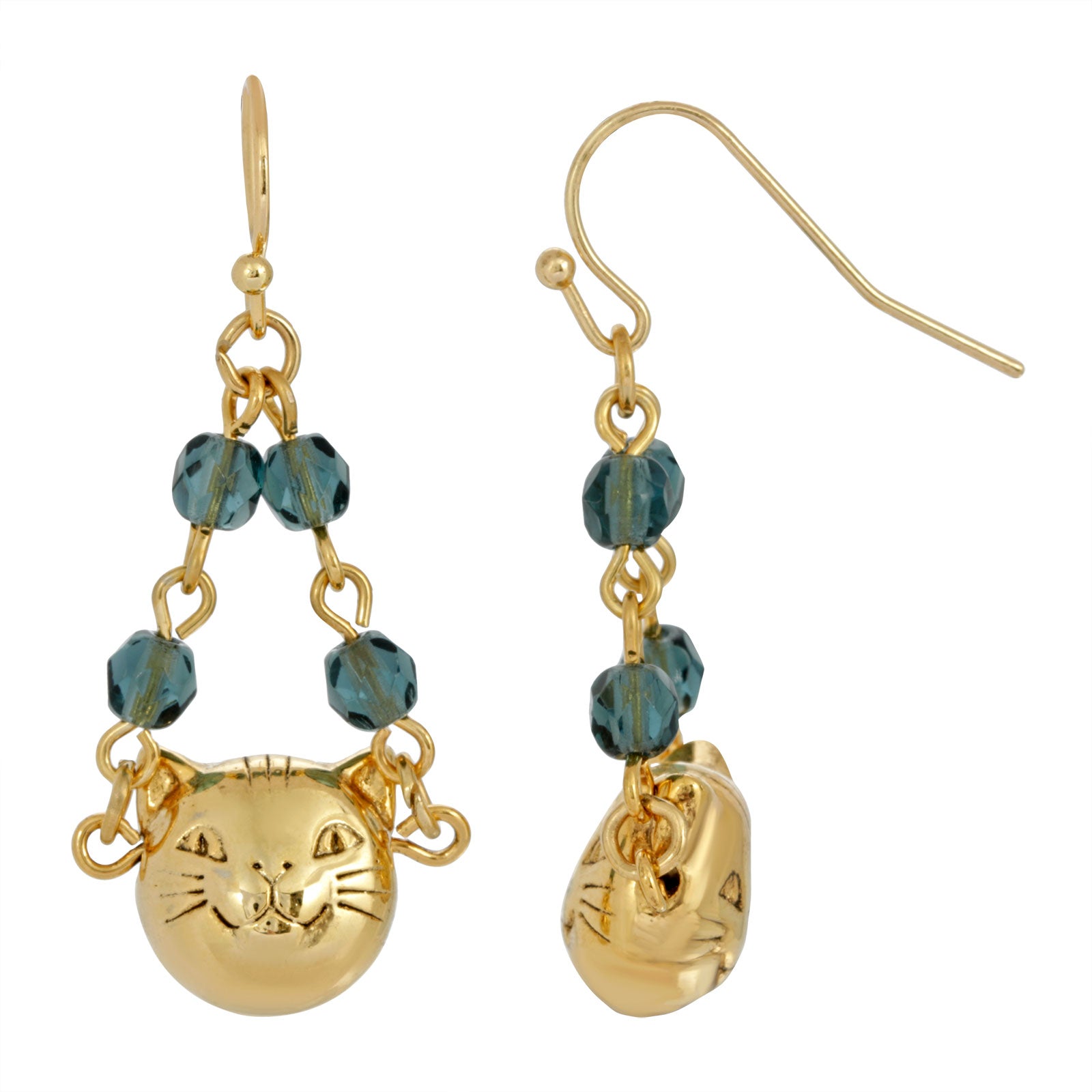 14k Gold Dipped Cat Face With Blue Beaded Chain Drop Wire Earrings