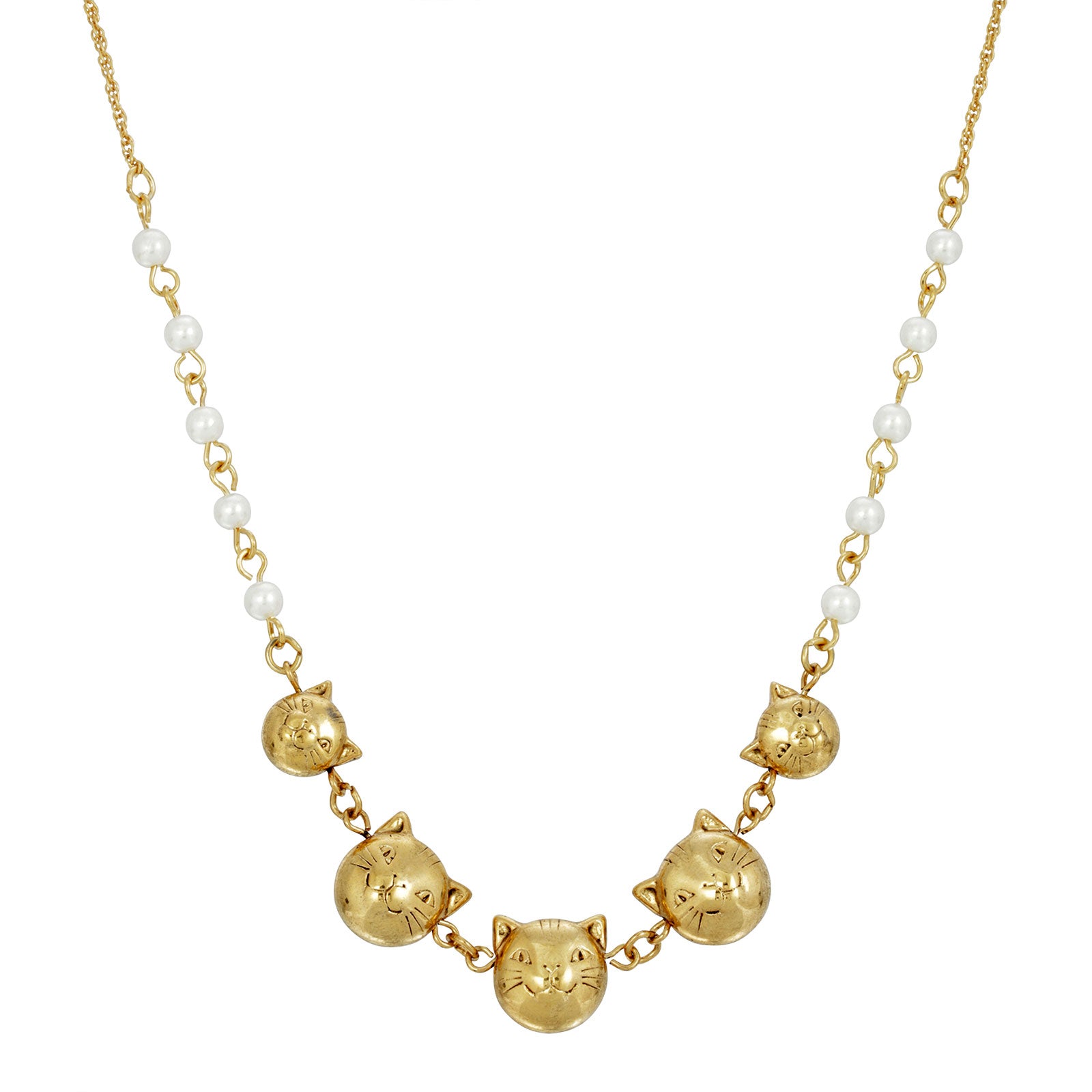 Multi Cat Face With Pearl Chain Necklace 16in Adj.