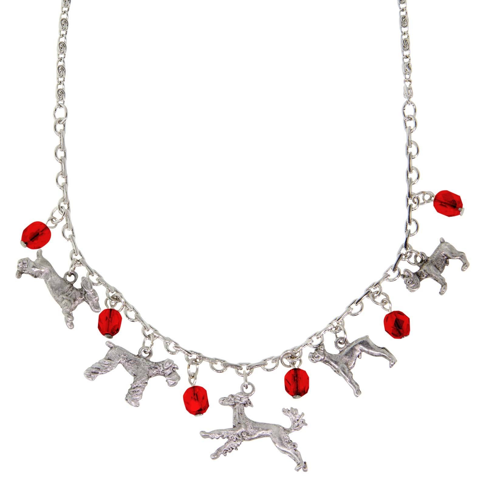 Silver Tone Red Crystal Beaded Multi Dog Drop Necklace 16 Adj.