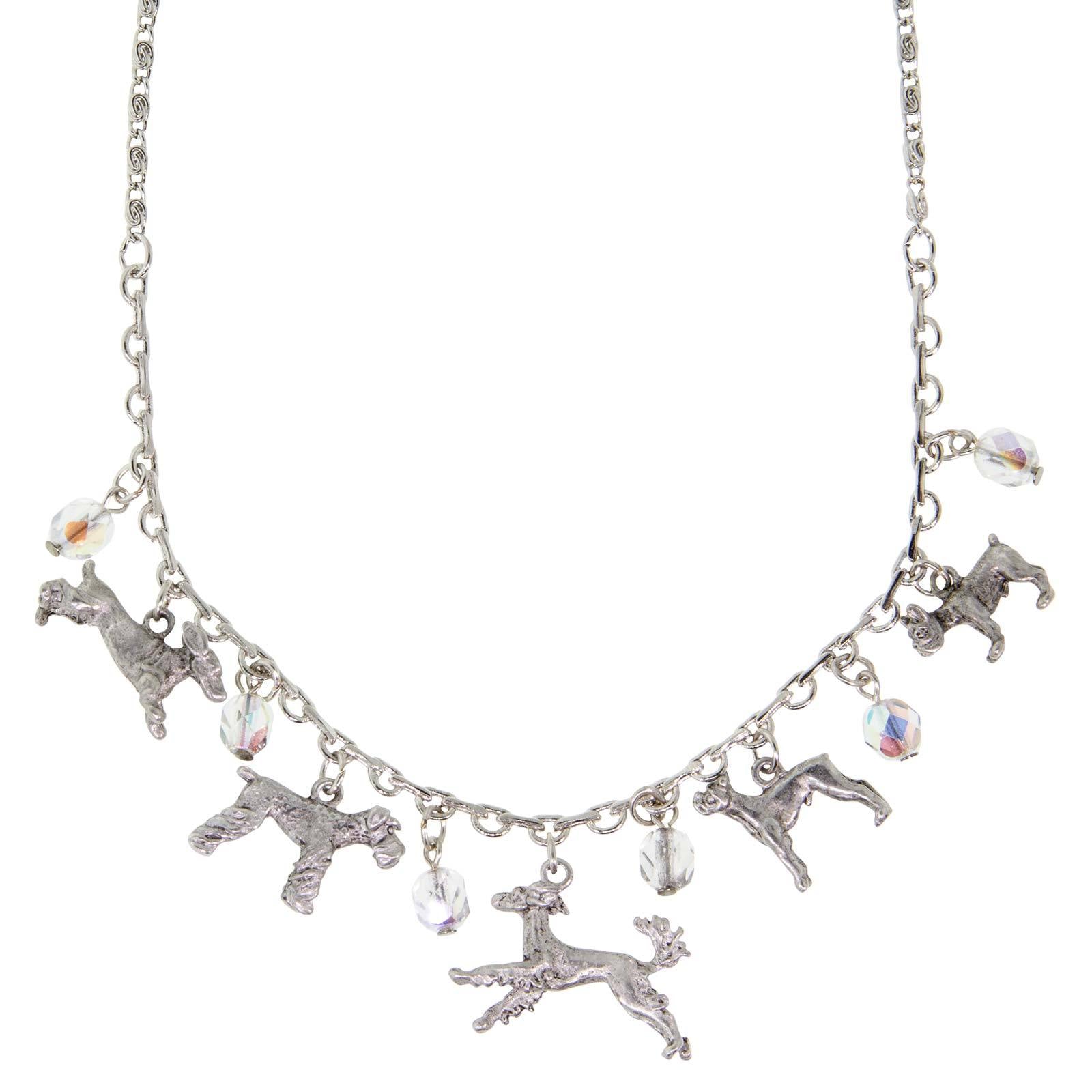 Silver Tone Clear Crystal Beaded Multi Dog Drop Necklace 16 Adj.