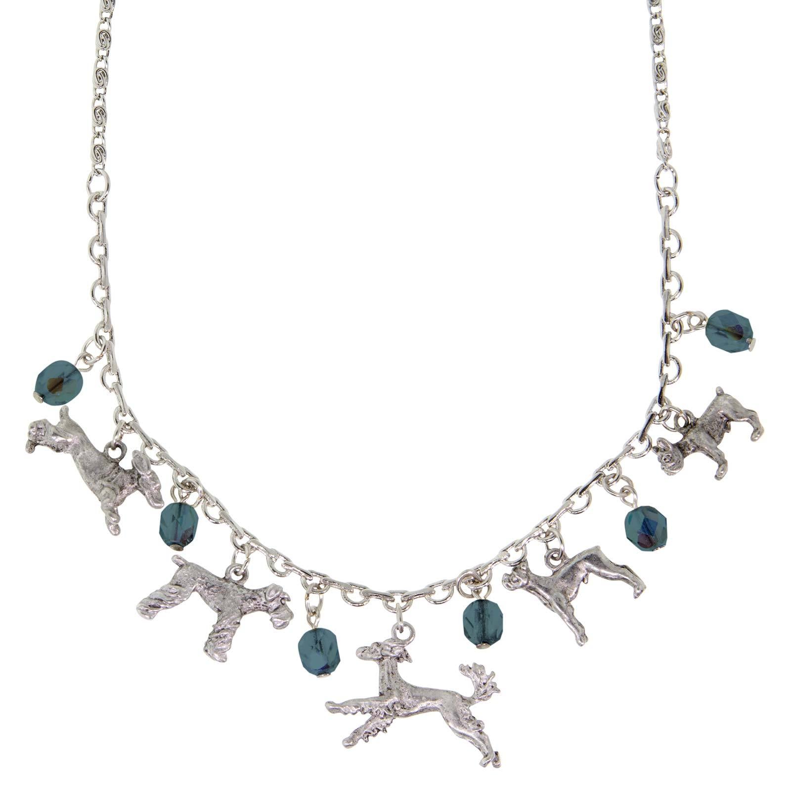 Silver Tone Blue Crystal Beaded Multi Dog Drop Necklace 16 Adj.