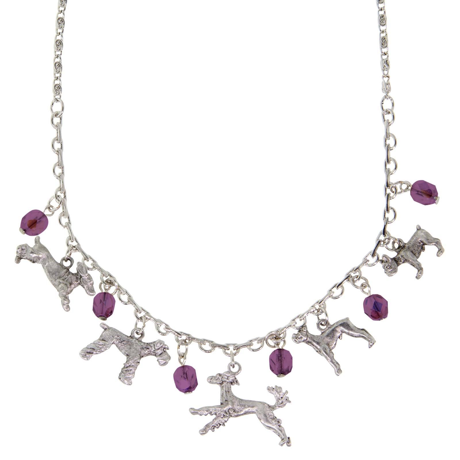 Silver Tone Purple Crystal Beaded Multi Dog Drop Necklace 16 Adj.
