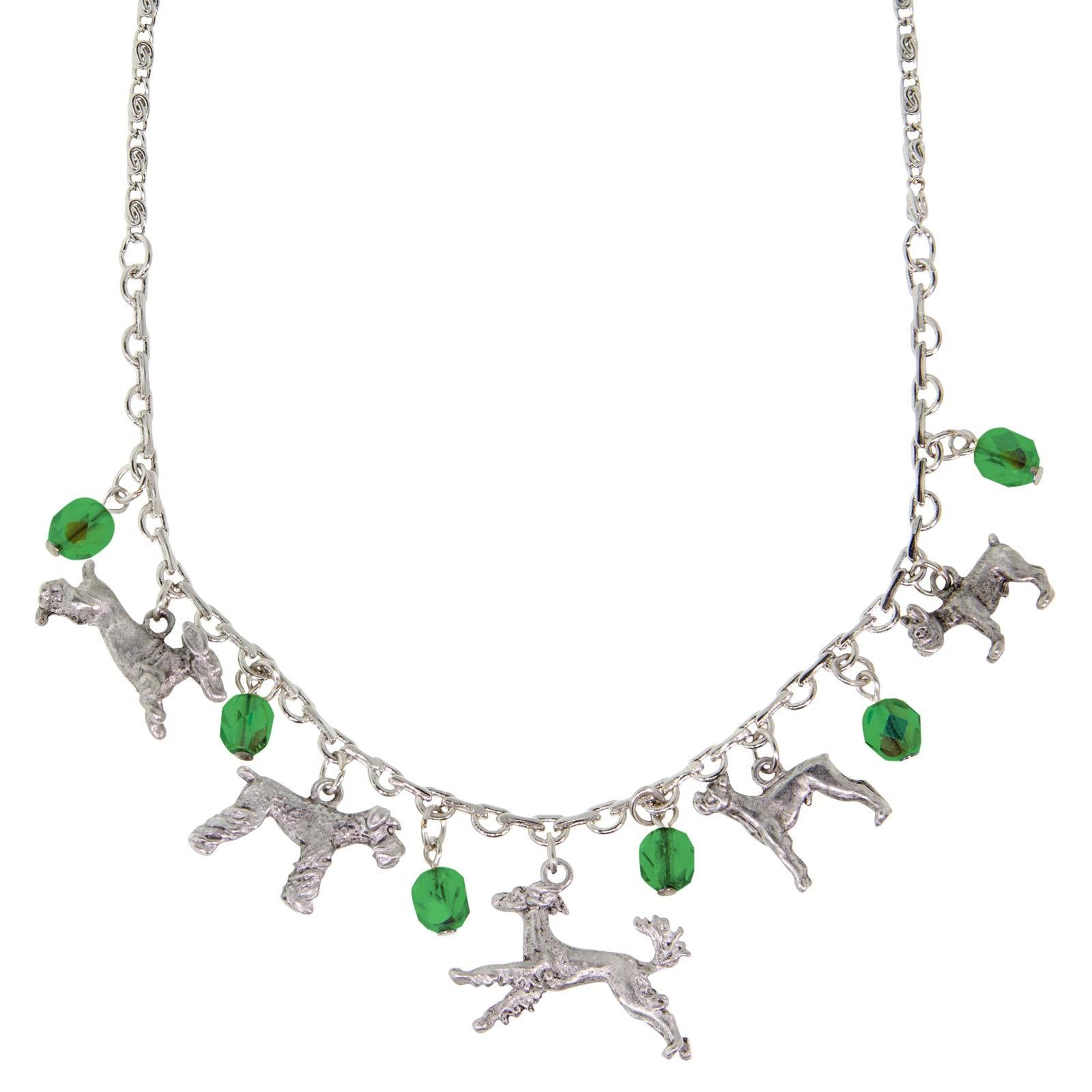 Silver Tone Green Crystal Beaded Multi Dog Drop Necklace 16 Adj.