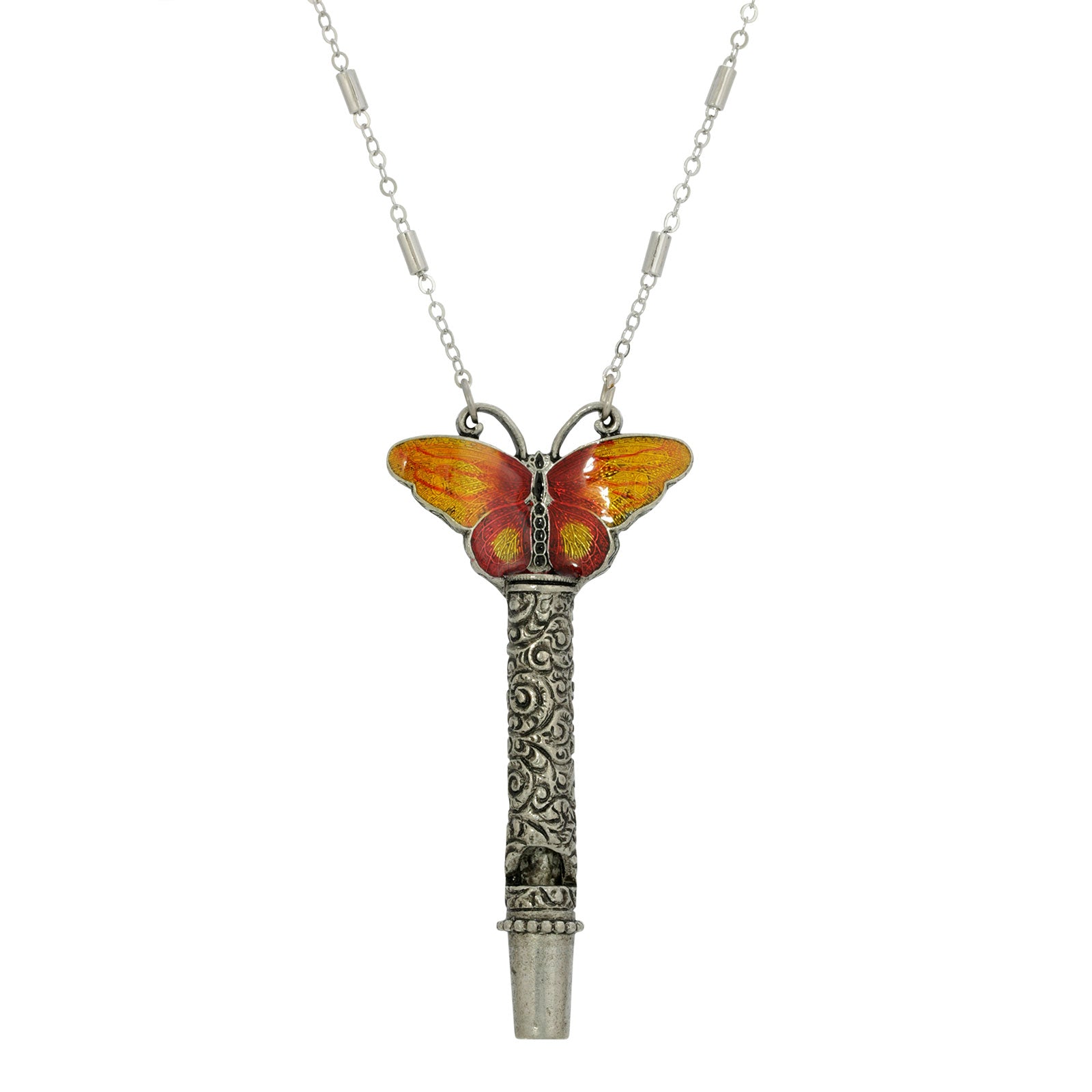 Pewter Whistle With Orange & Yellow Enamel Butterfly Necklace 30