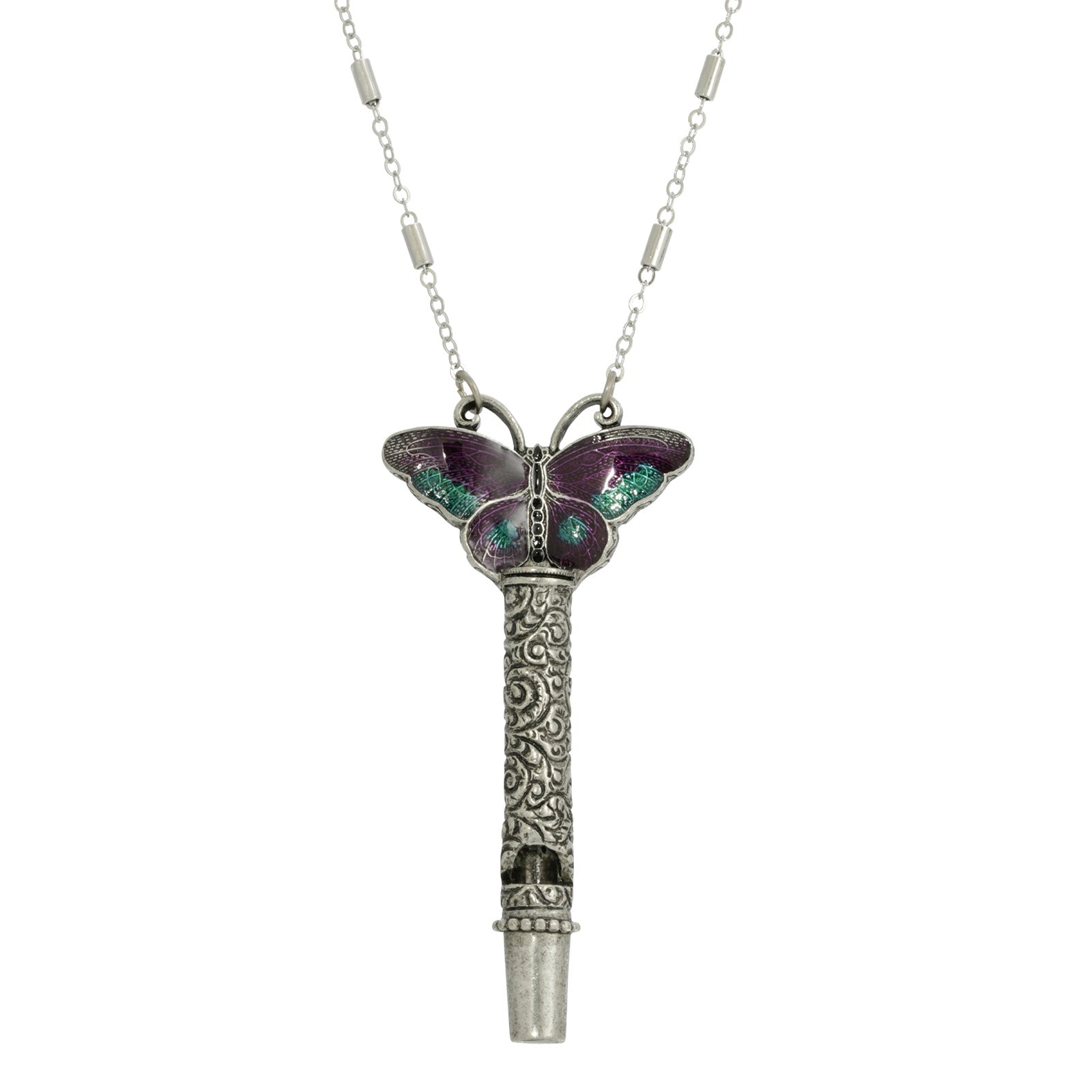Pewter Whistle With Purple & Green Enamel Butterfly Necklace 30