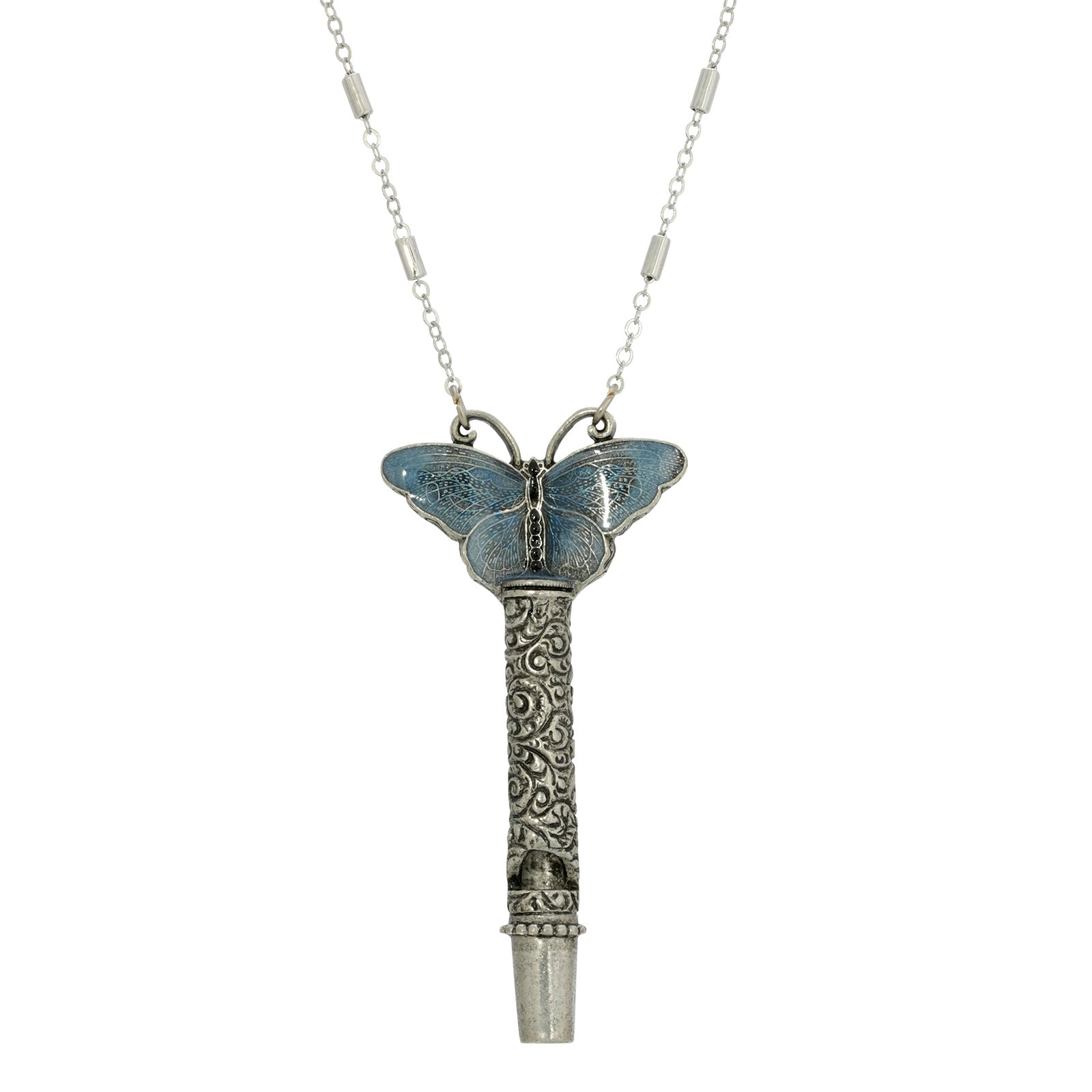 Pewter Whistle With Blue Enamel Butterfly Necklace 30